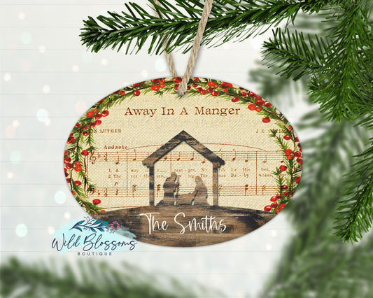 Away In A Manger Sheet Music Nativity Oval Personalized Ornament