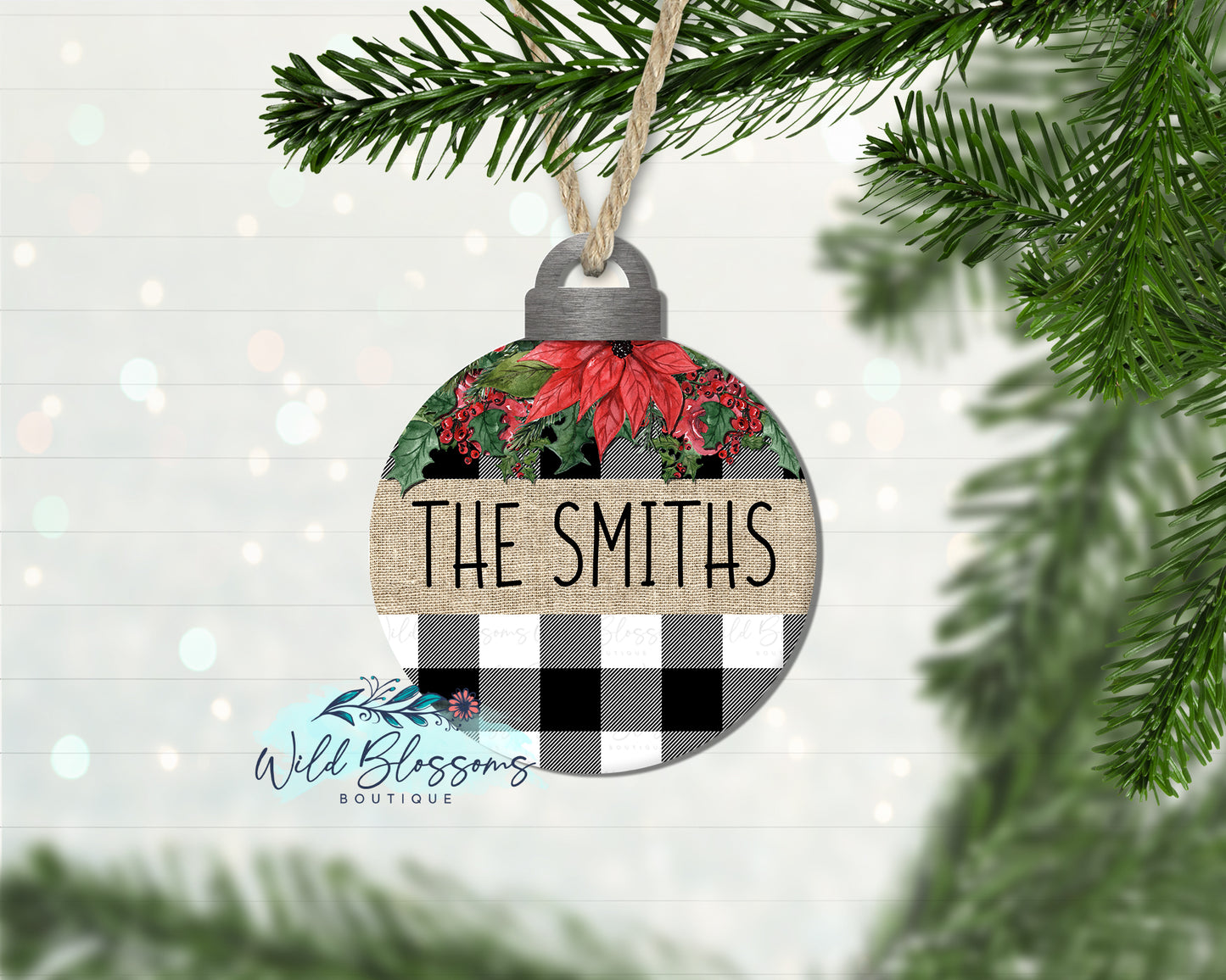 Buffalo Plaid Poinsettia Christmas Ball Ornament