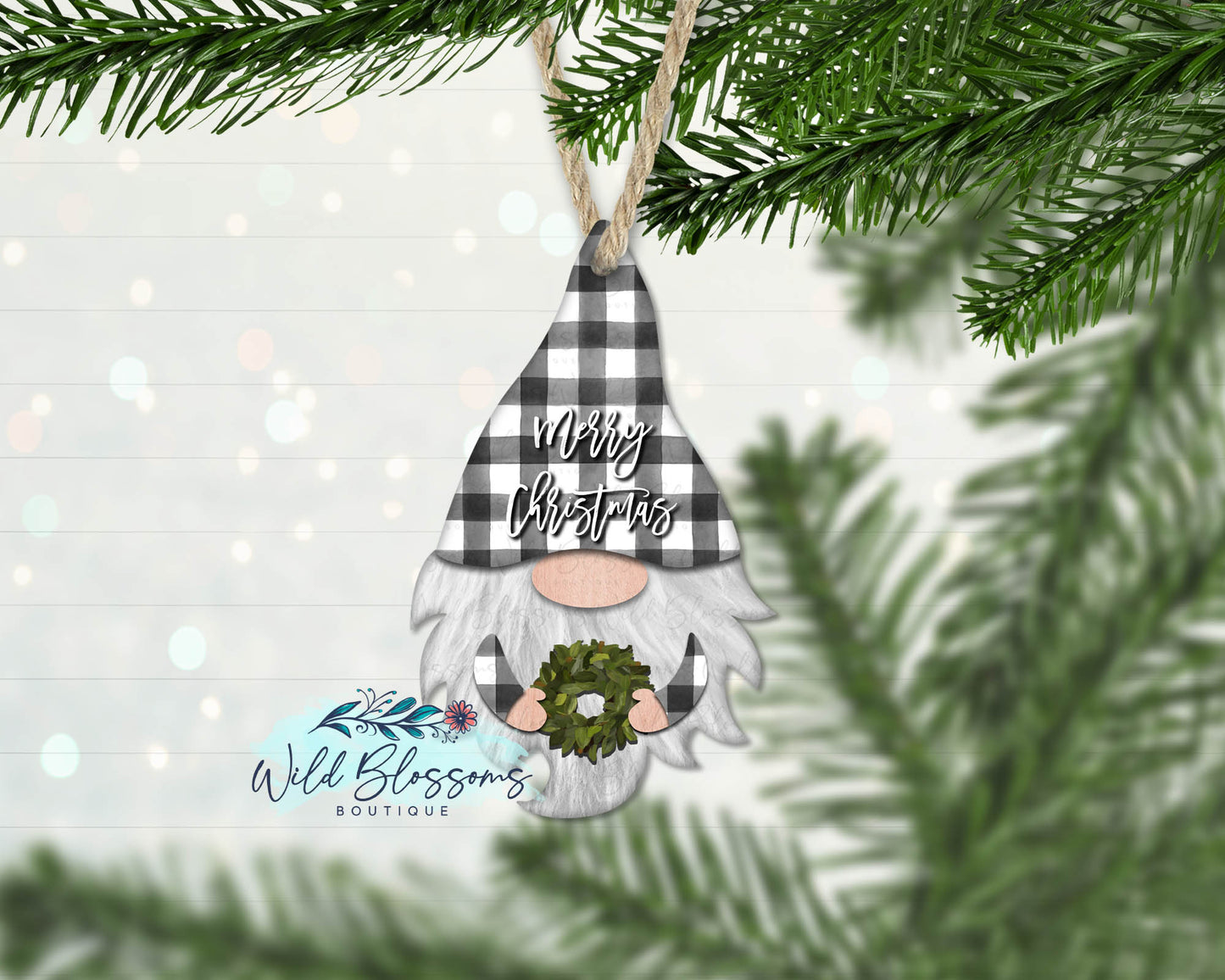 Buffalo Plaid Magnolia Wreath Gnome Ornament