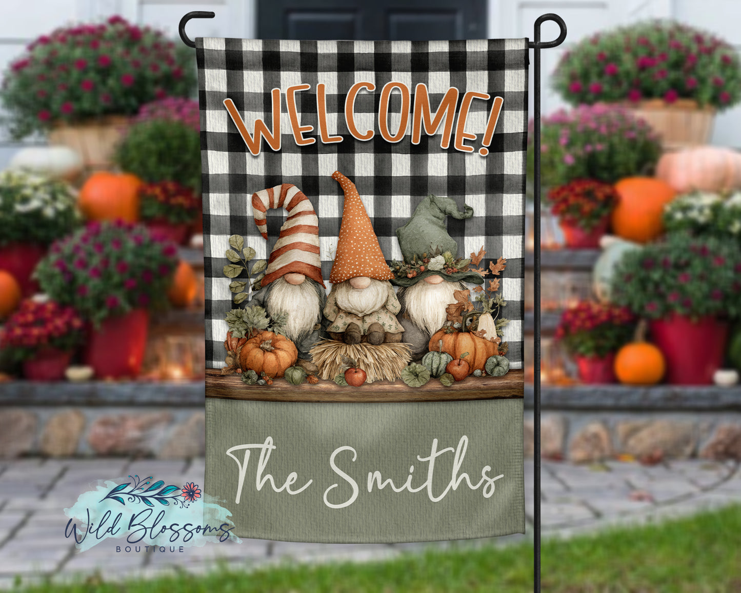 Buffalo Plaid Fall Gnome Personalized Garden Flag