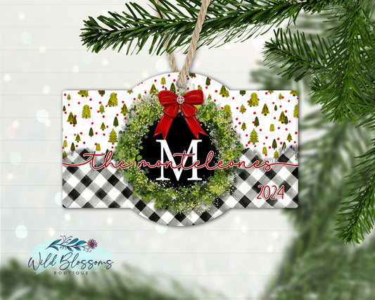 Buffalo Plaid Christmas Tree Family Name Personalized Marquee Ornament