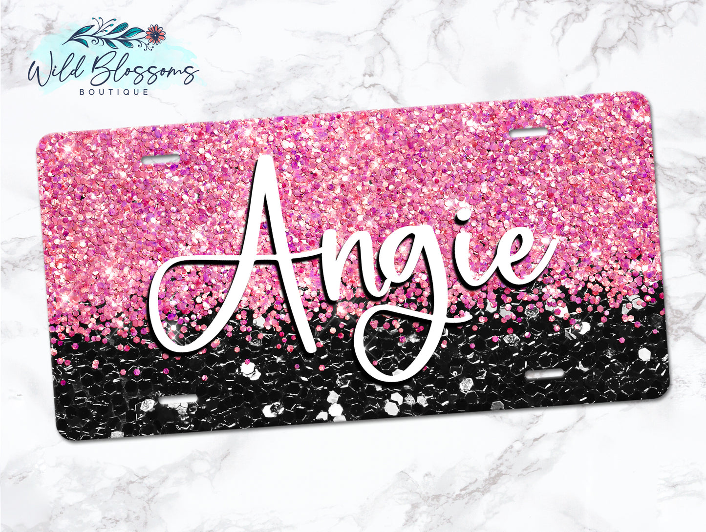 Black And Pink Glitter Personalized License Plate