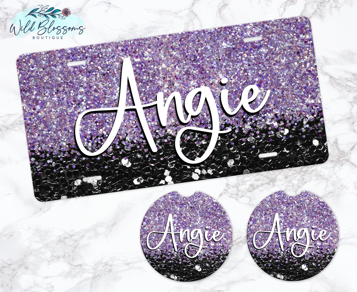 Black And Purple Glitter Personalized Car Coasters