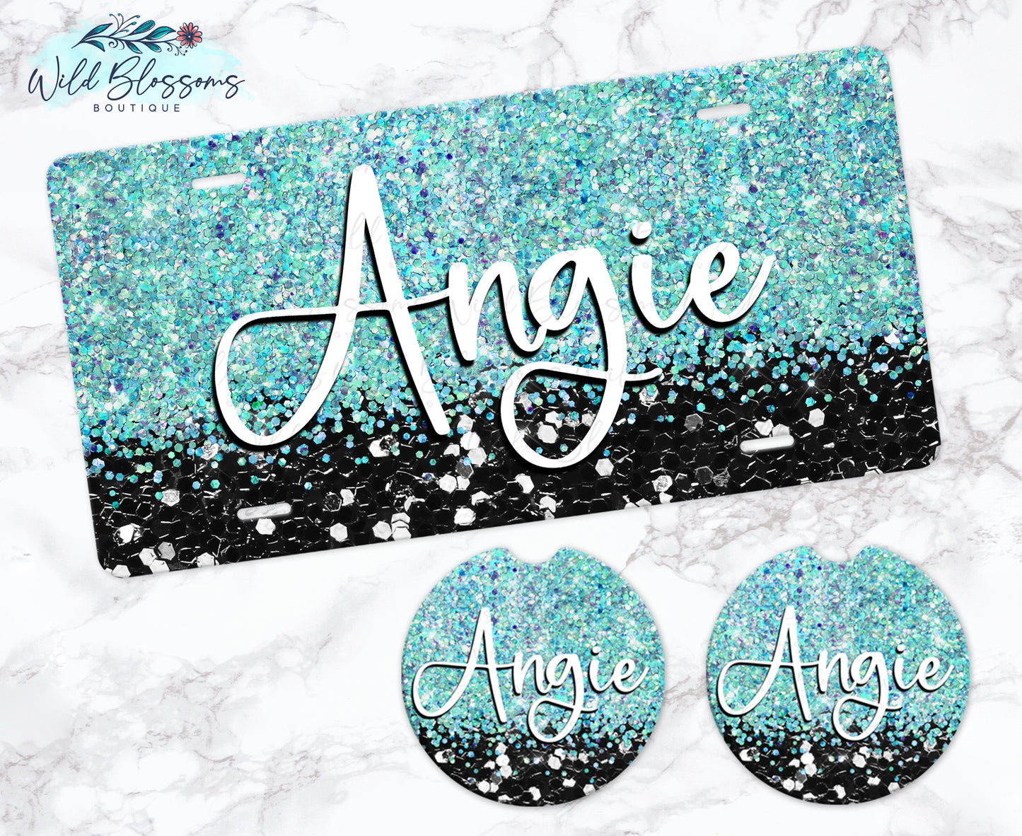 Black And Turquoise Glitter Personalized License Plate