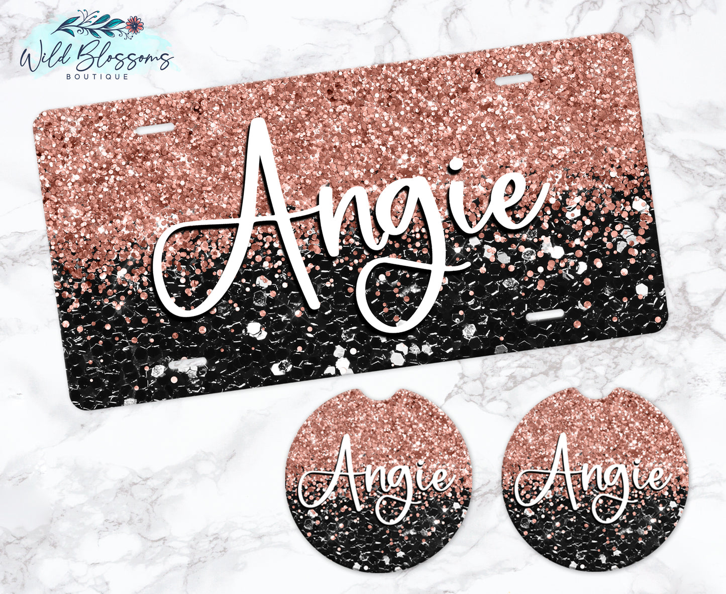 Black And Rose Gold Glitter Personalized Car Coasters
