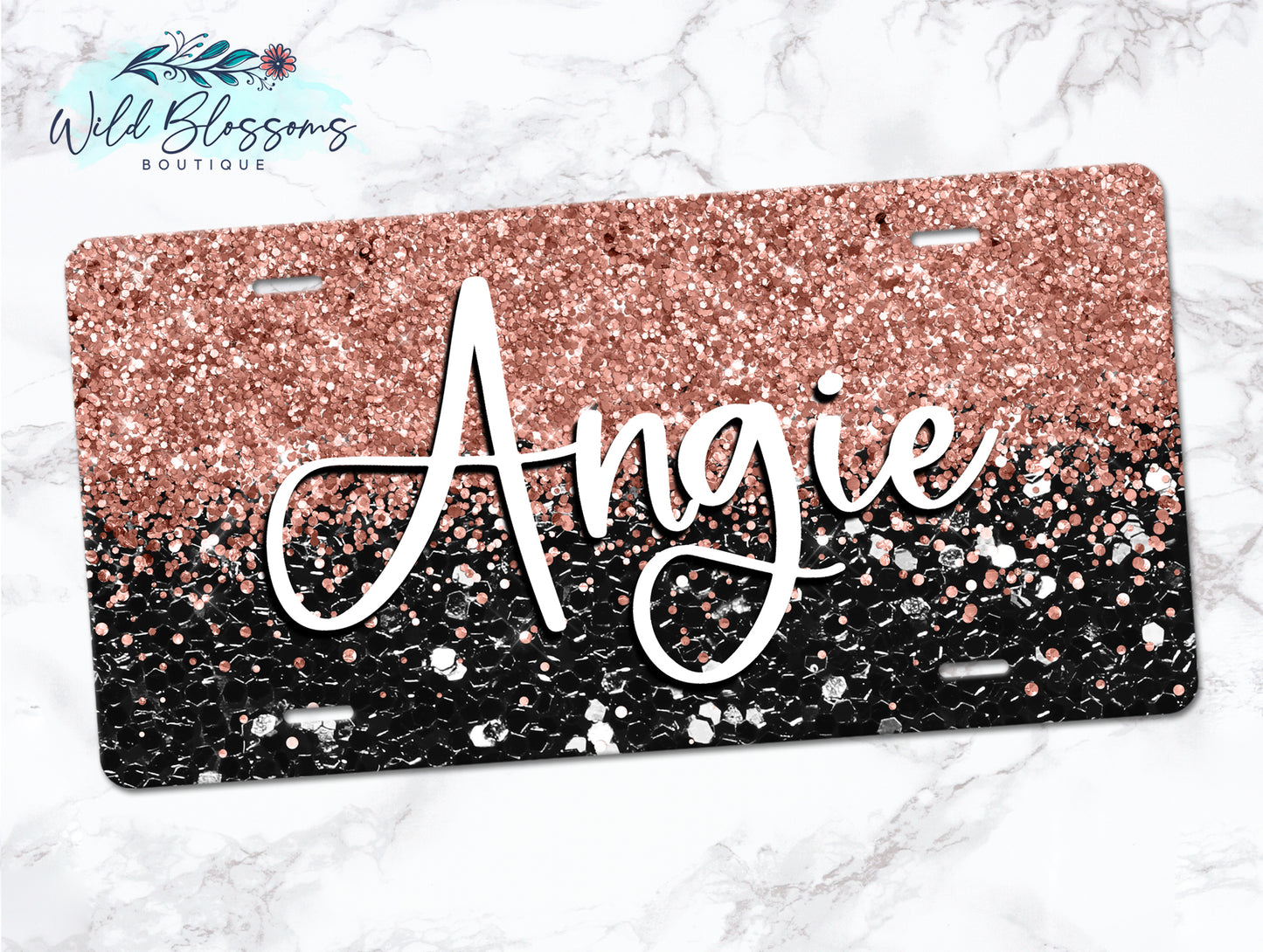 Black And Rose Gold Glitter Personalized License Plate