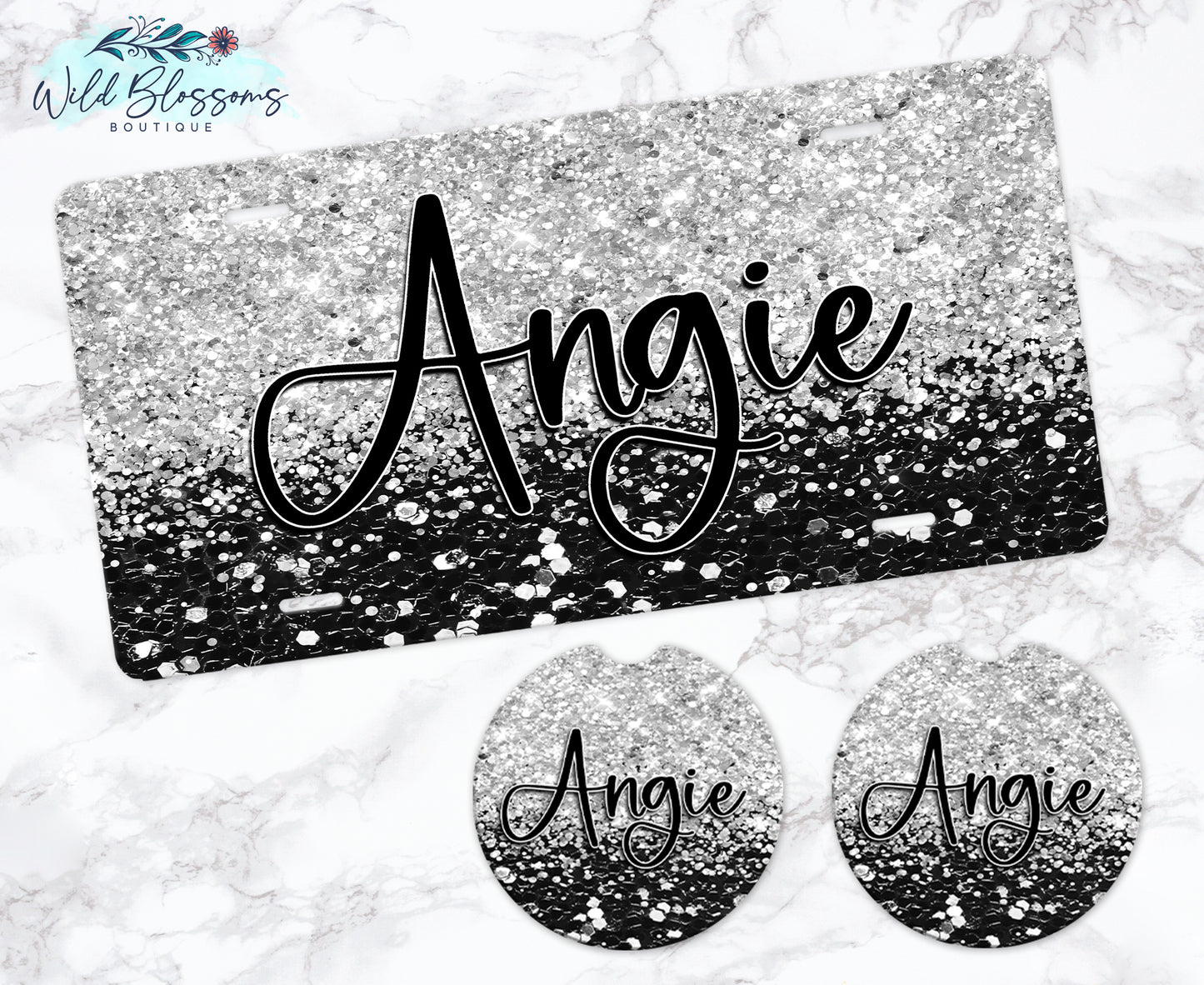 Black And Silver Glitter Personalized Car Coasters