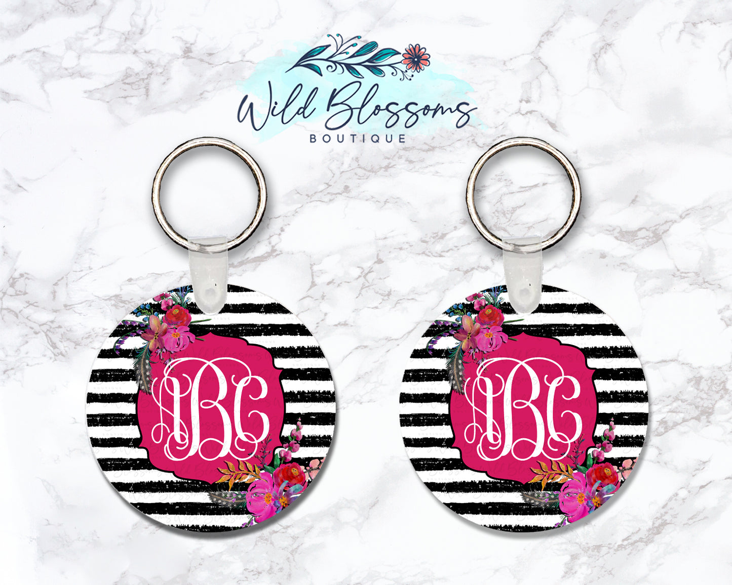 Black And White Striped Bright Floral Personalized Round Keychain