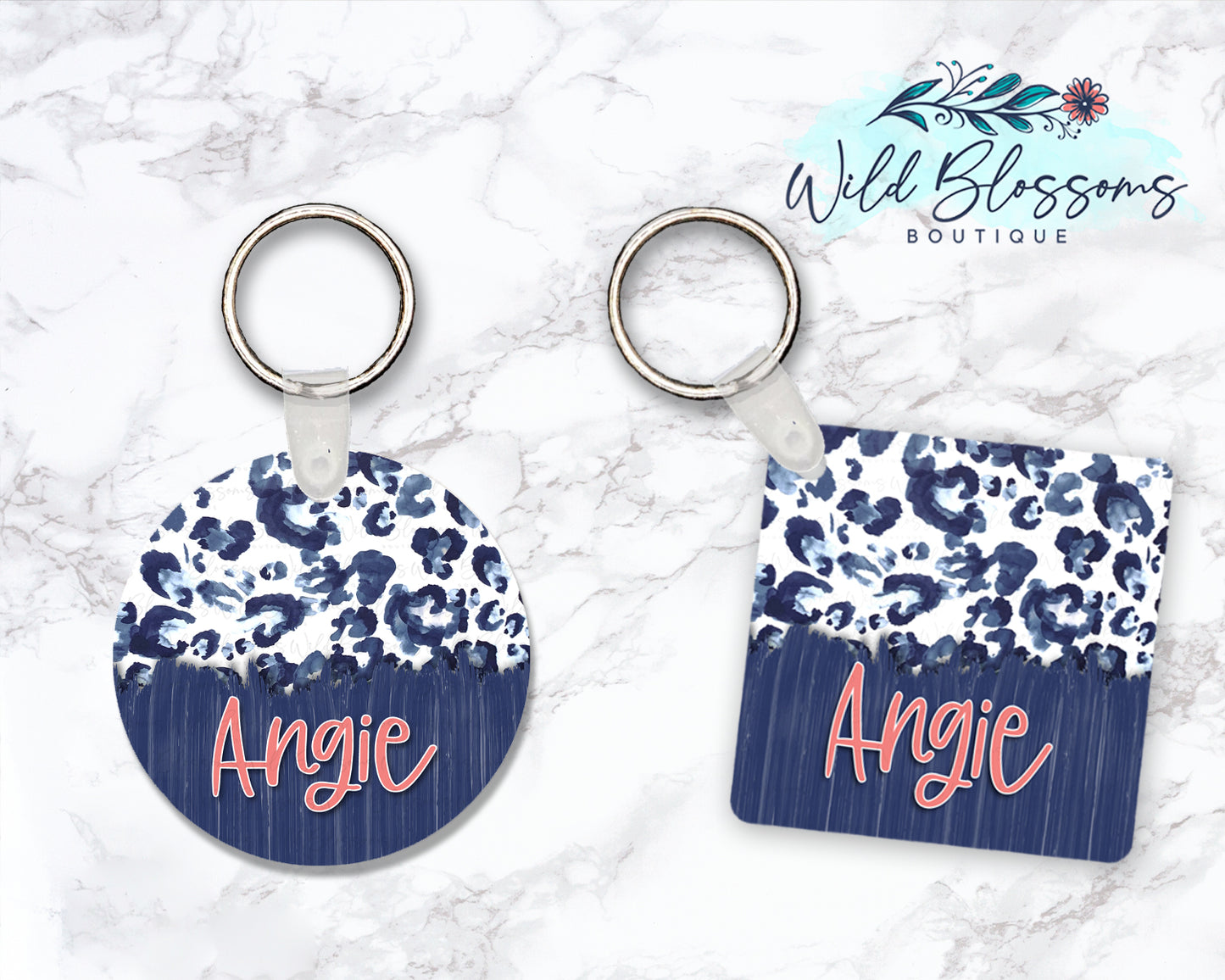 Blue Watercolor Leopard Print Personalized Round or Square Keychain