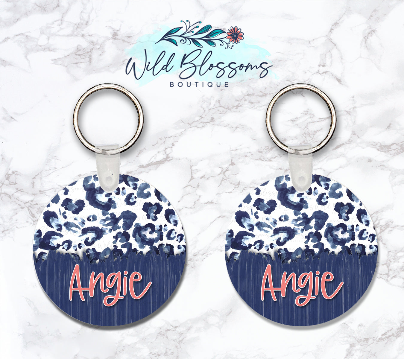 Blue Watercolor Leopard Print Personalized Round or Square Keychain