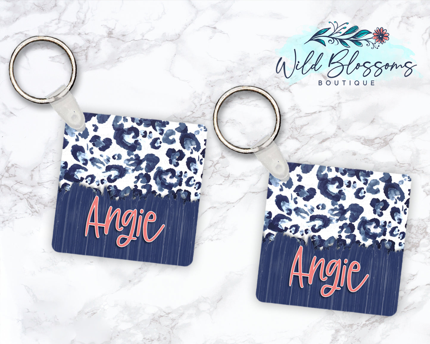 Blue Watercolor Leopard Print Personalized Round or Square Keychain