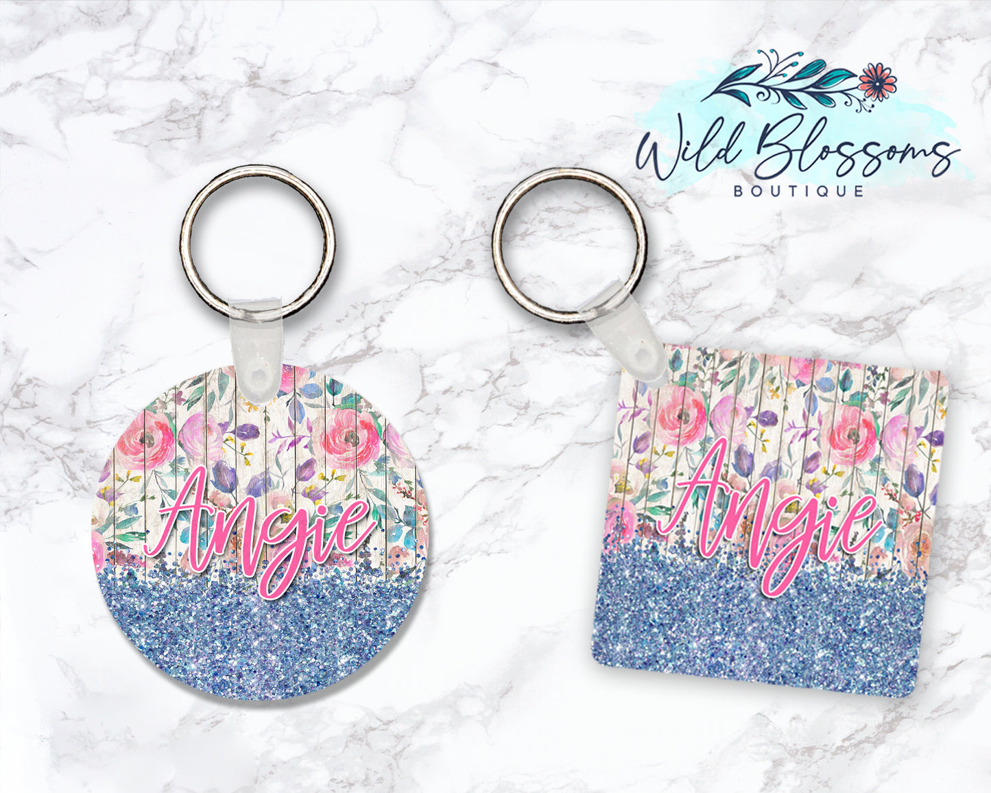Wooden Floral And Blue Glitter Look Personalized Round or Square Keychain