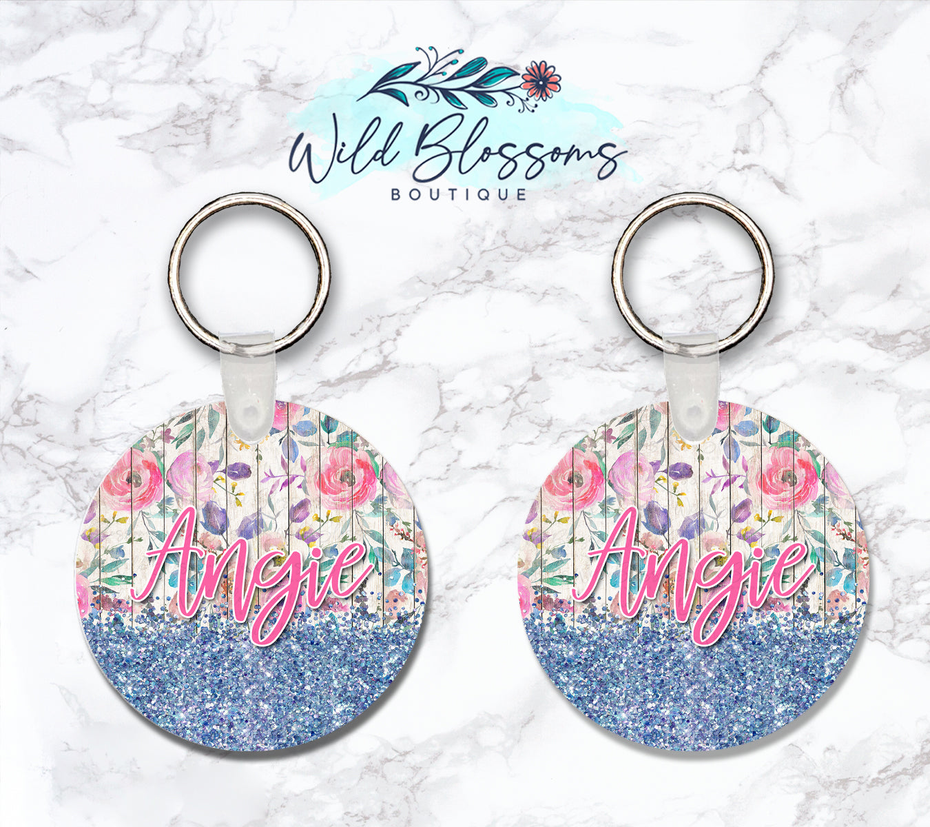 Wooden Floral And Blue Glitter Look Personalized Round or Square Keychain