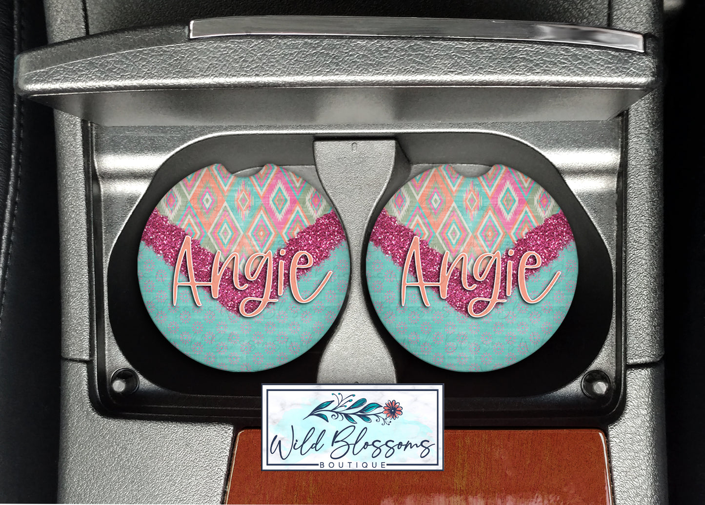Boho Aztec Glitter Look Personalized Car Coasters