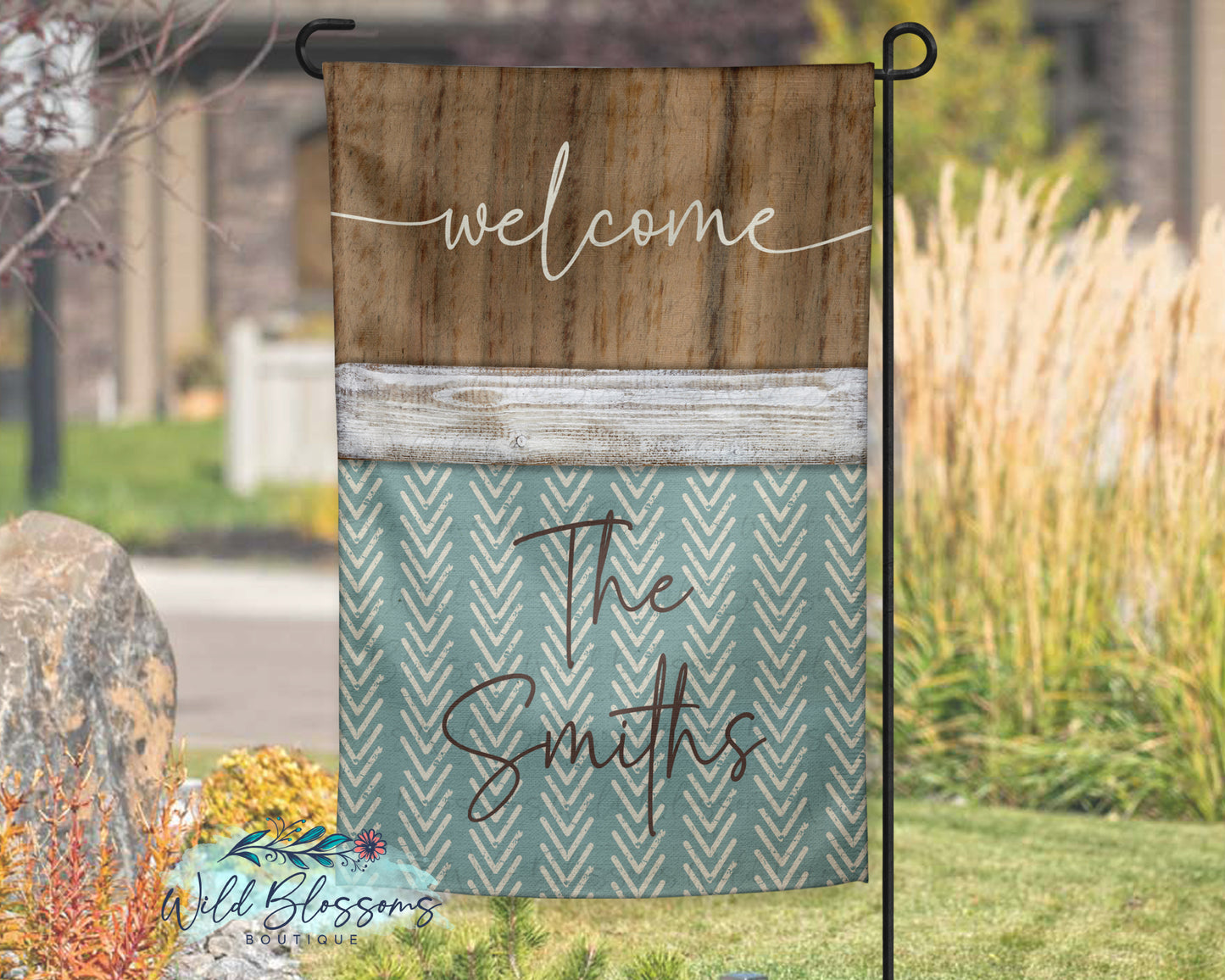 Boho Teal And Wooden Chevron Personalized Garden Flag