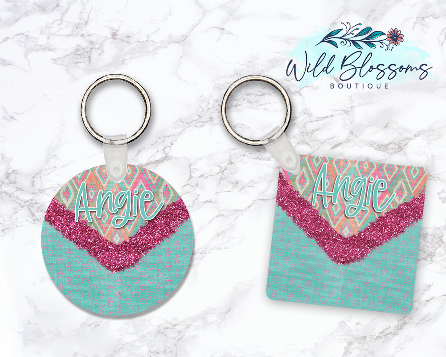 Boho Aztec Glitter Look Personalized Round or Square Keychain