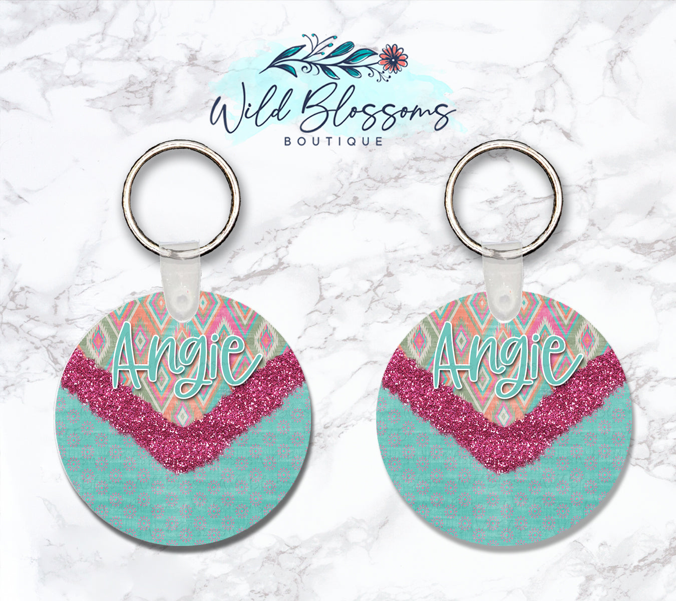 Boho Aztec Glitter Look Personalized Round or Square Keychain