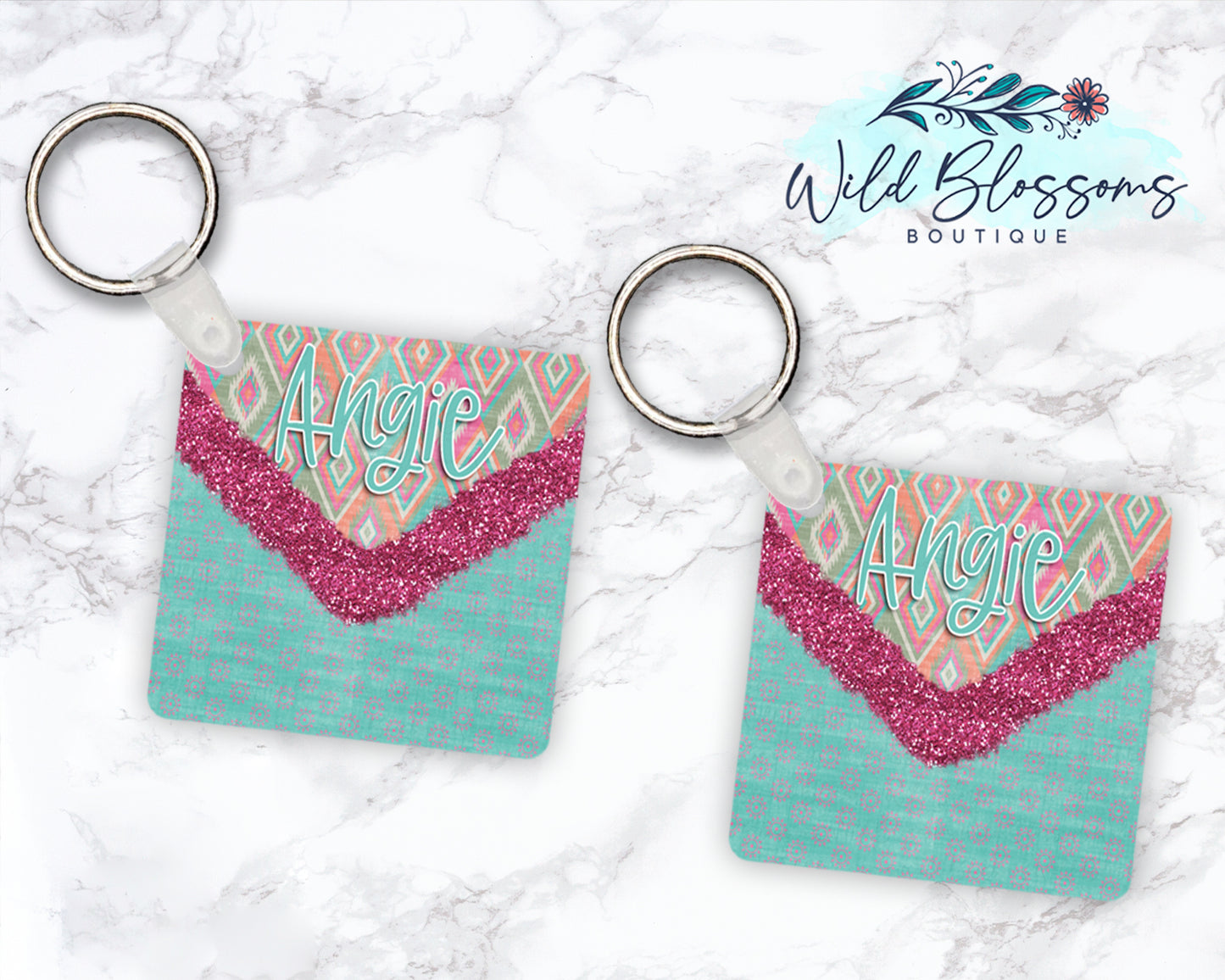 Boho Aztec Glitter Look Personalized Round or Square Keychain