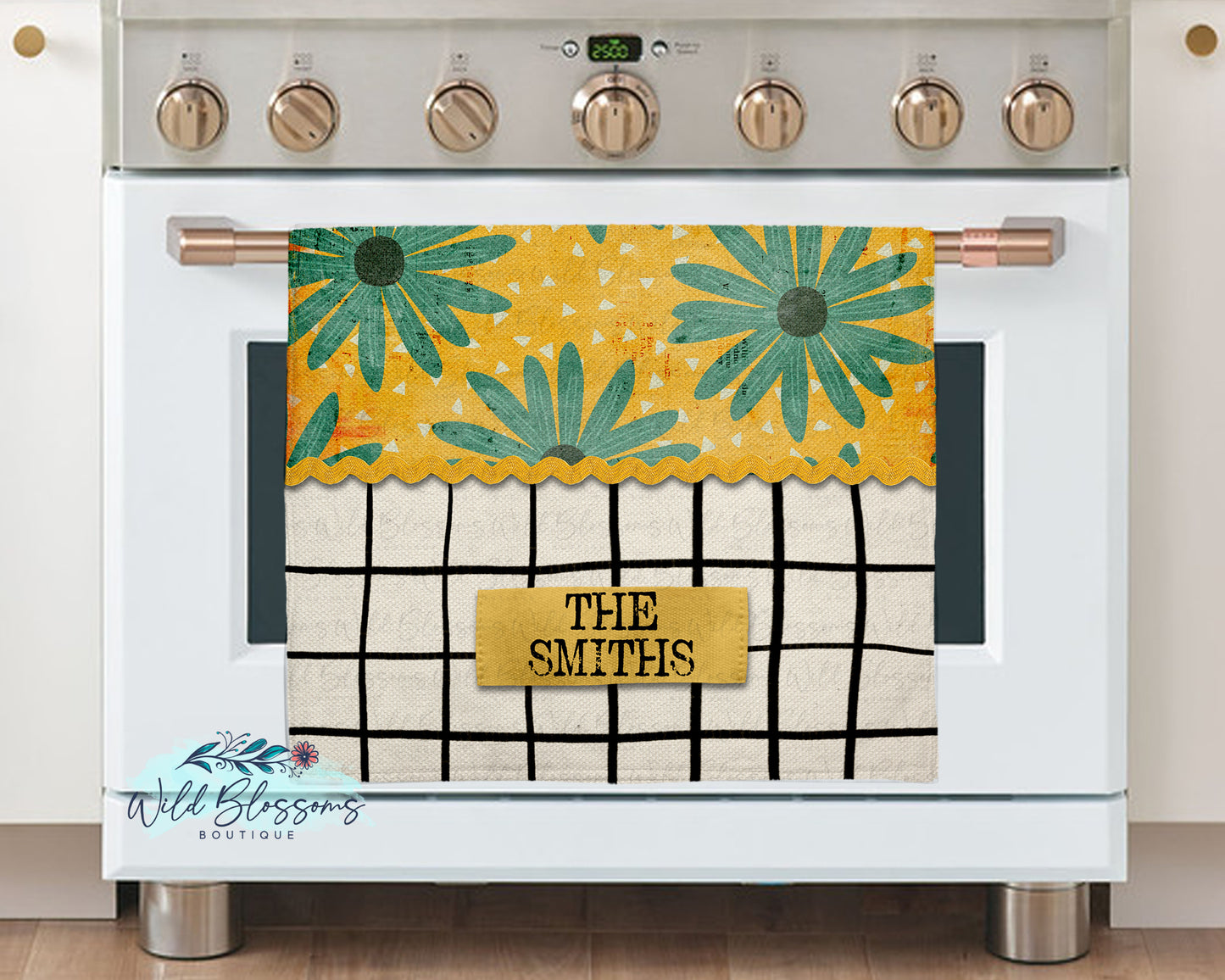 Boho Teal Floral Personalized Kitchen Towel