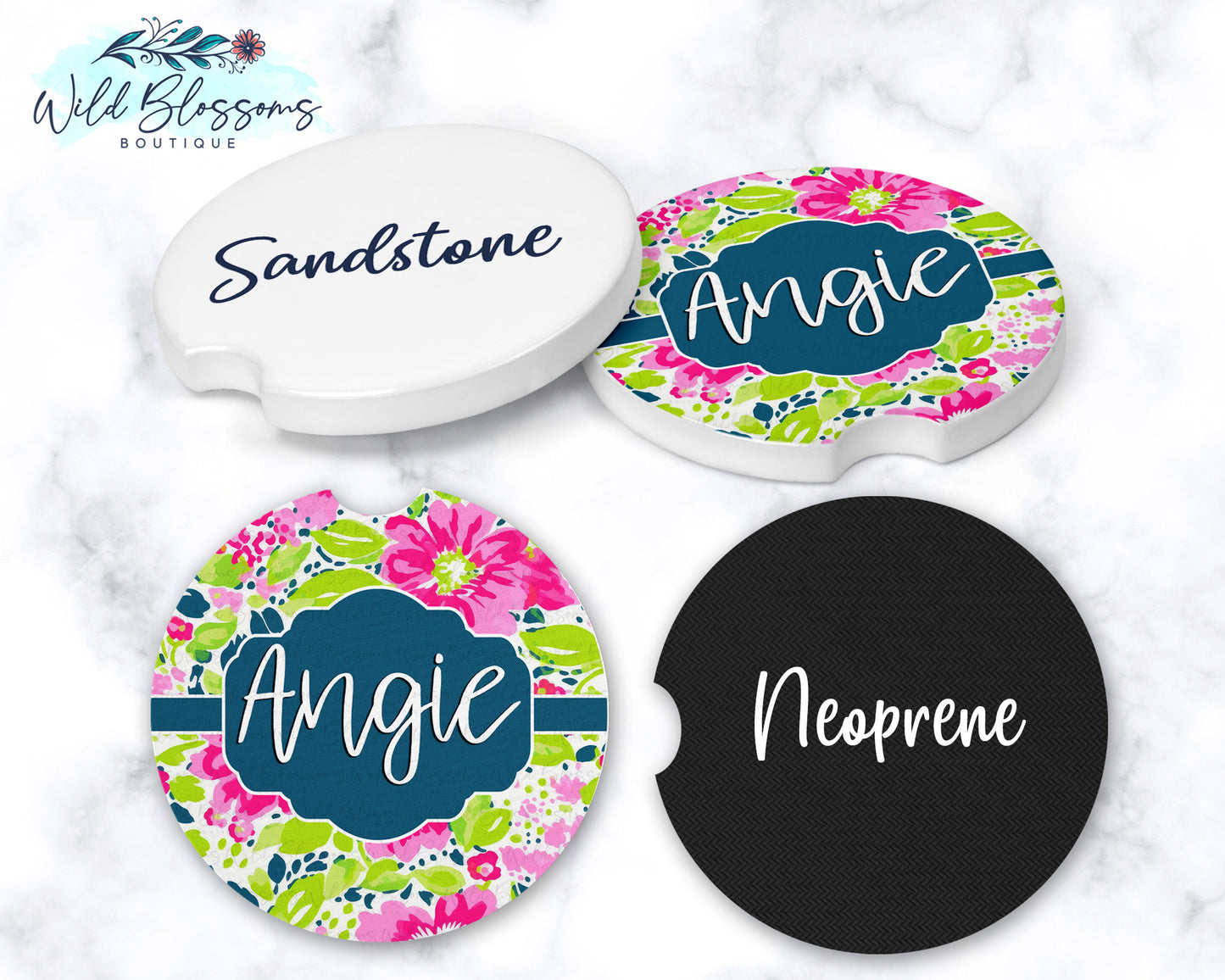 Dark Blue Pink And Green Floral Personalized Car Coasters