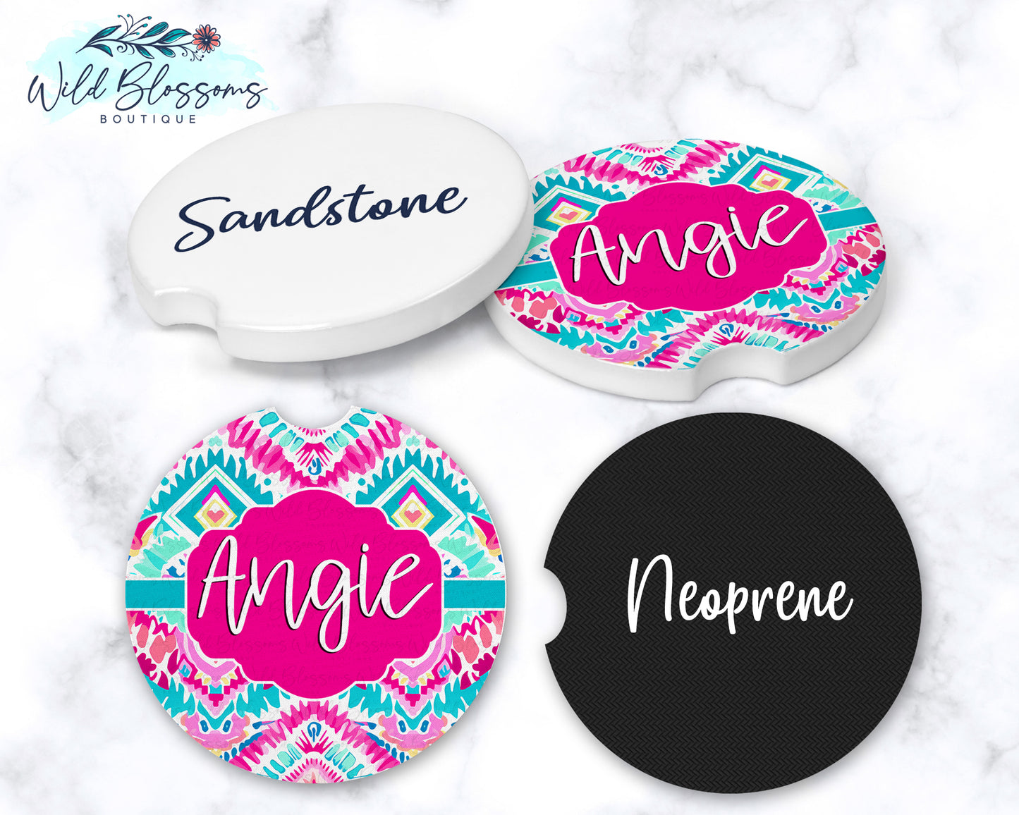 Hot Pink And Aqua Southwestern Personalized Car Coasters