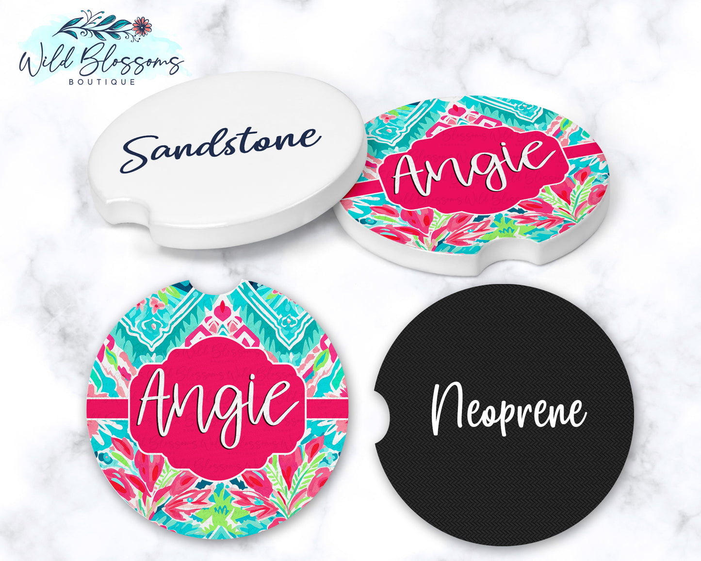 Pink And Aqua Floral Personalized Car Coasters