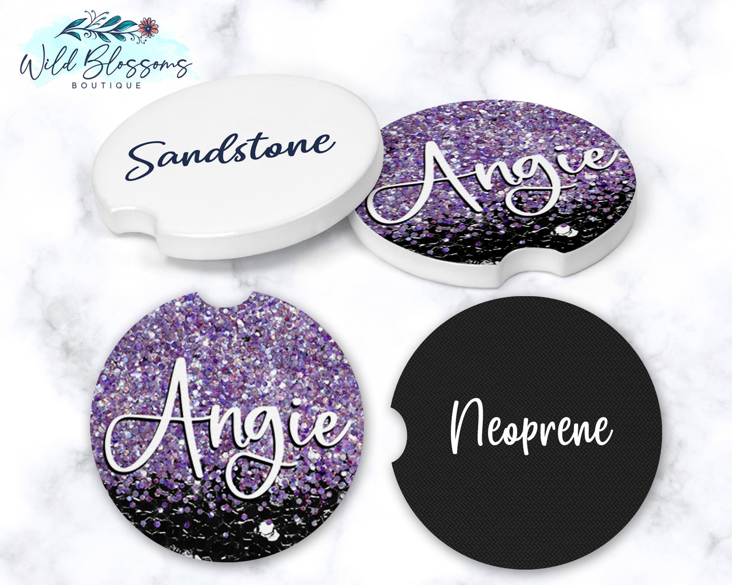 Black And Purple Glitter Personalized Car Coasters