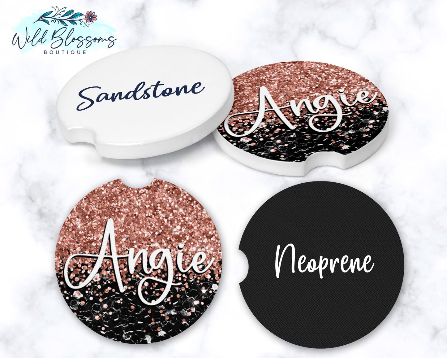 Black And Rose Gold Glitter Personalized Car Coasters