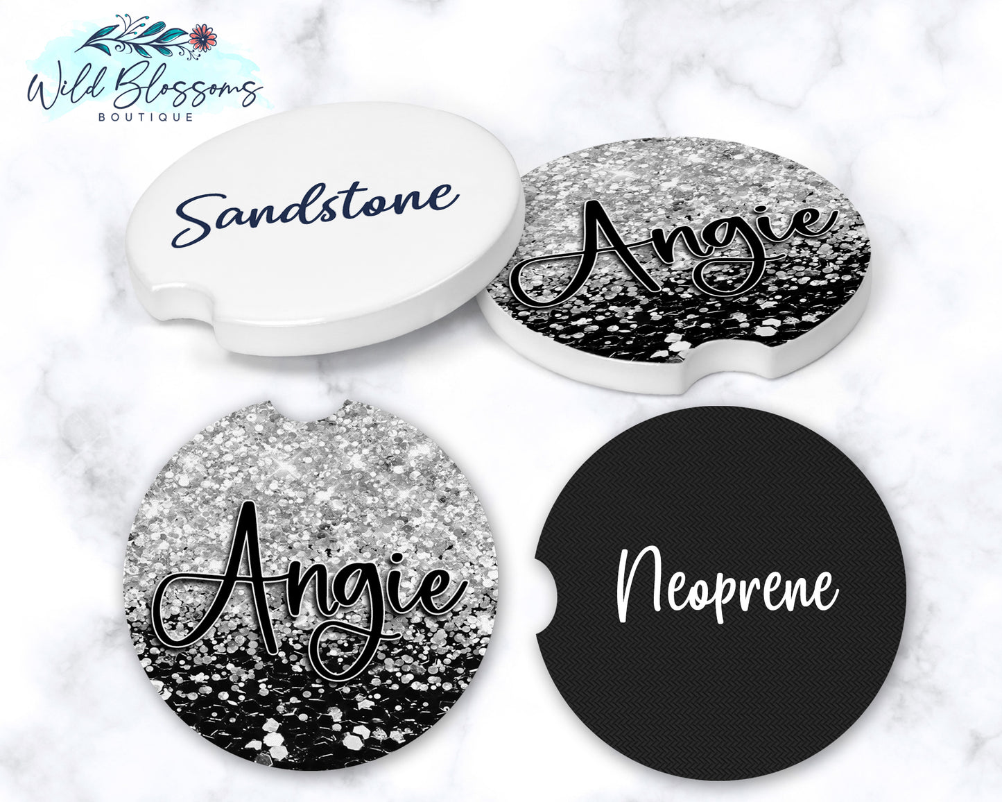 Black And Silver Glitter Personalized Car Coasters