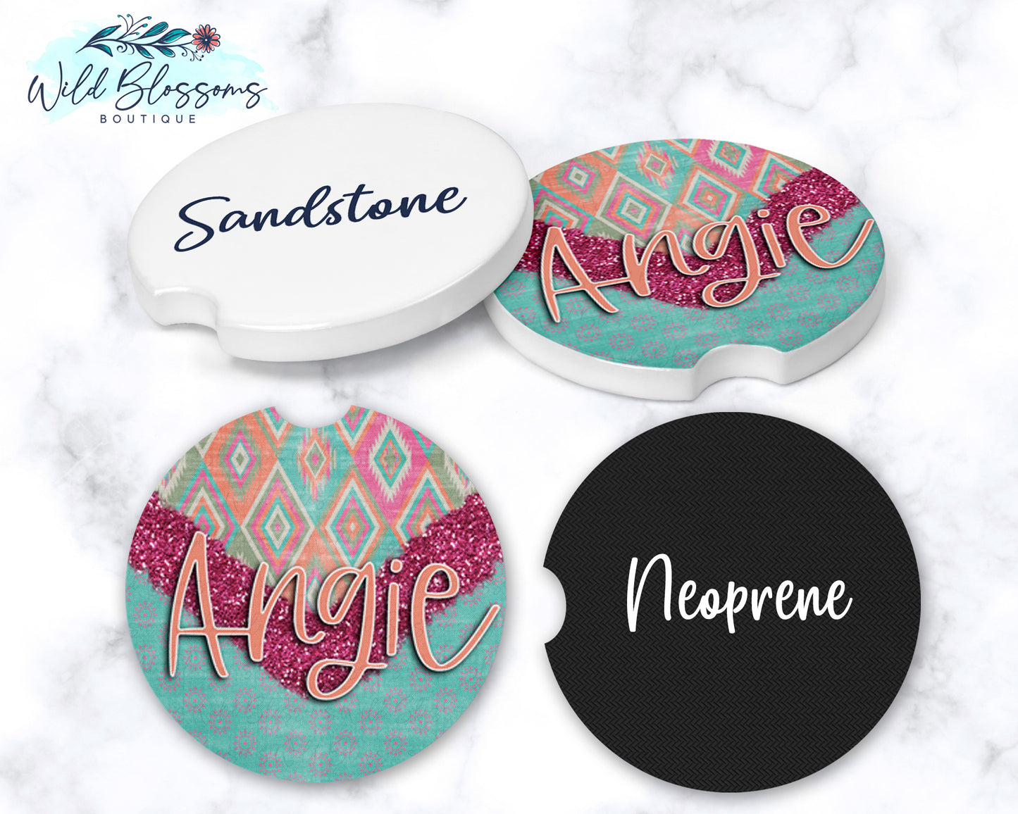 Boho Aztec Glitter Look Personalized Car Coasters