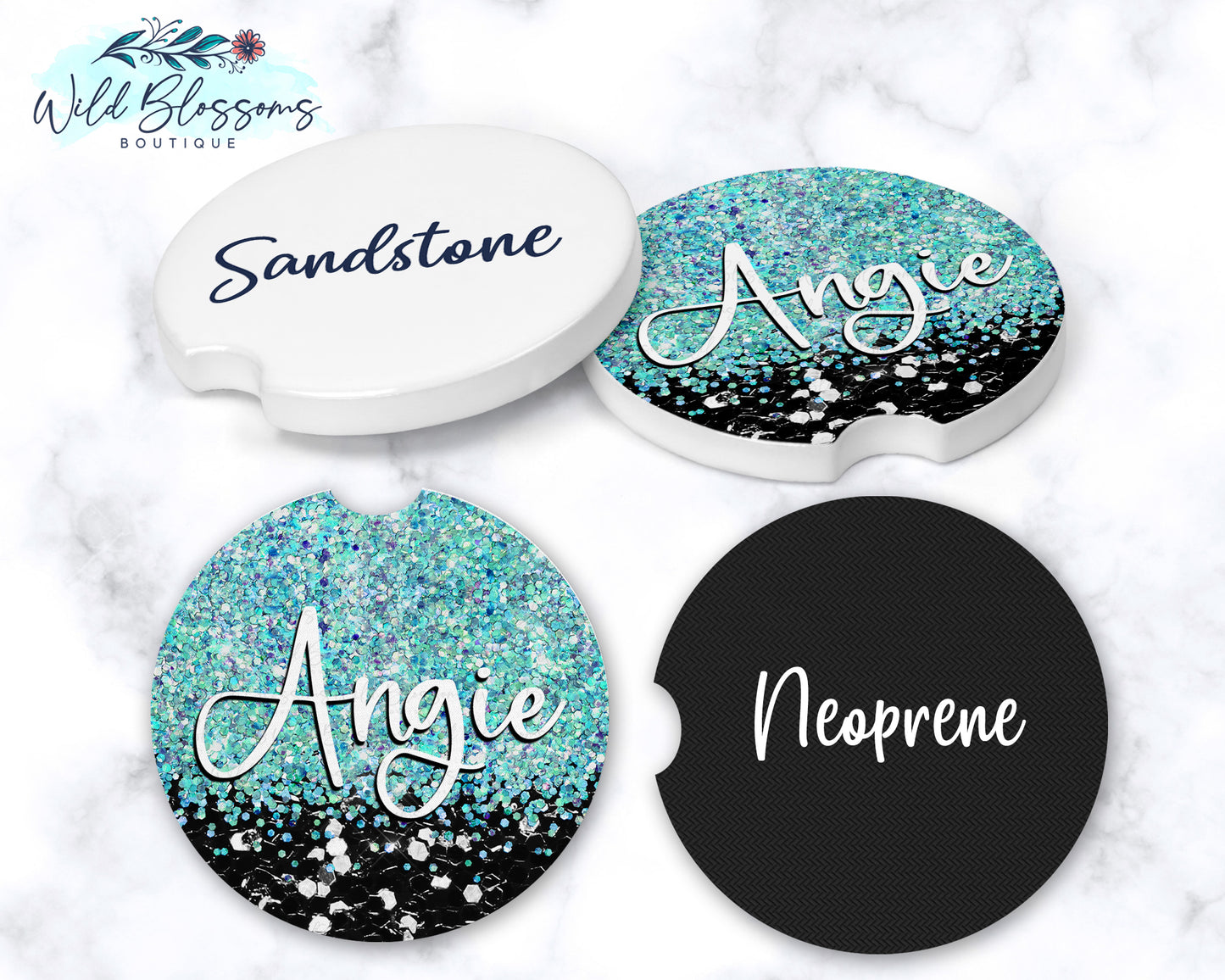 Black And Turquoise Glitter Personalized Car Coasters