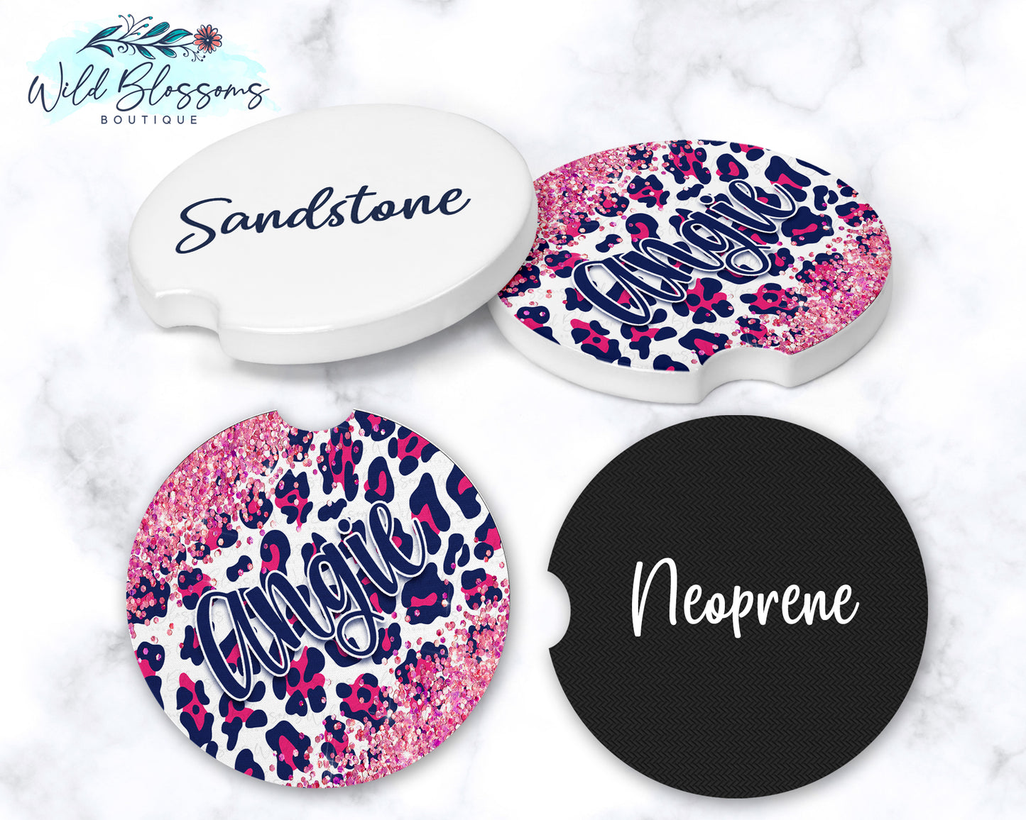 Navy And Hot Pink Leopard Print Glitter Look Personalized Car Coasters