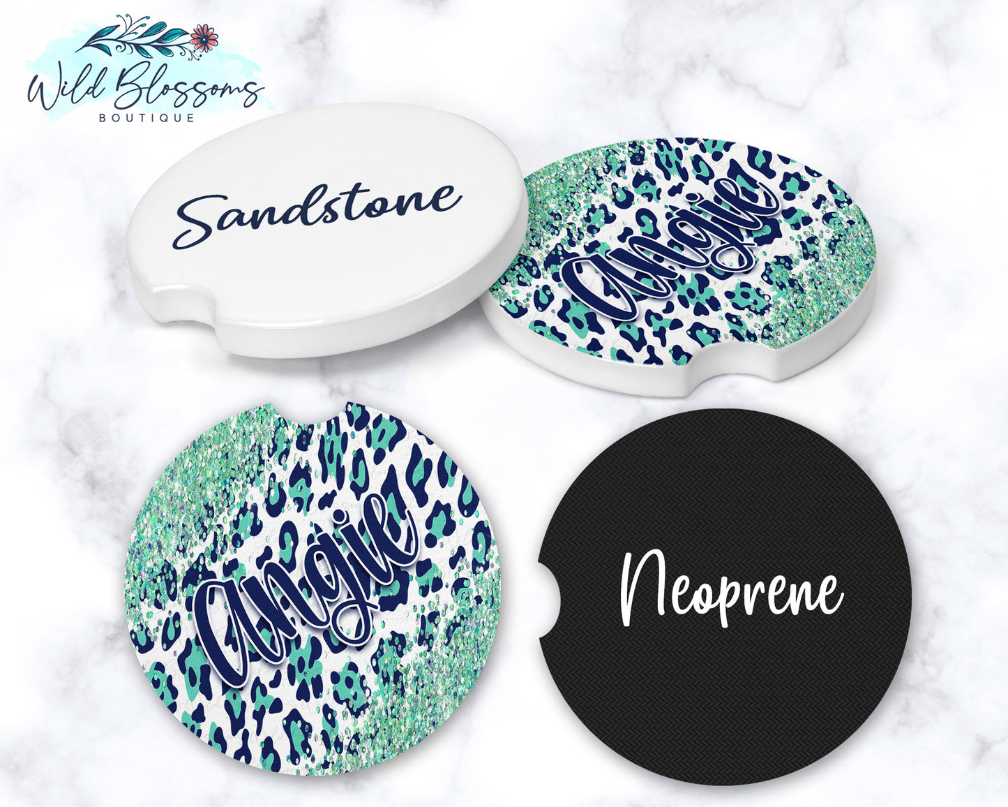 Navy And Mint Leopard Print Glitter Look Personalized Car Coasters