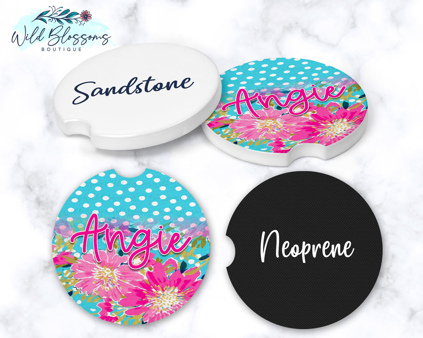 Hot Pink Floral And Aqua Polka Dot Personalized Car Coasters