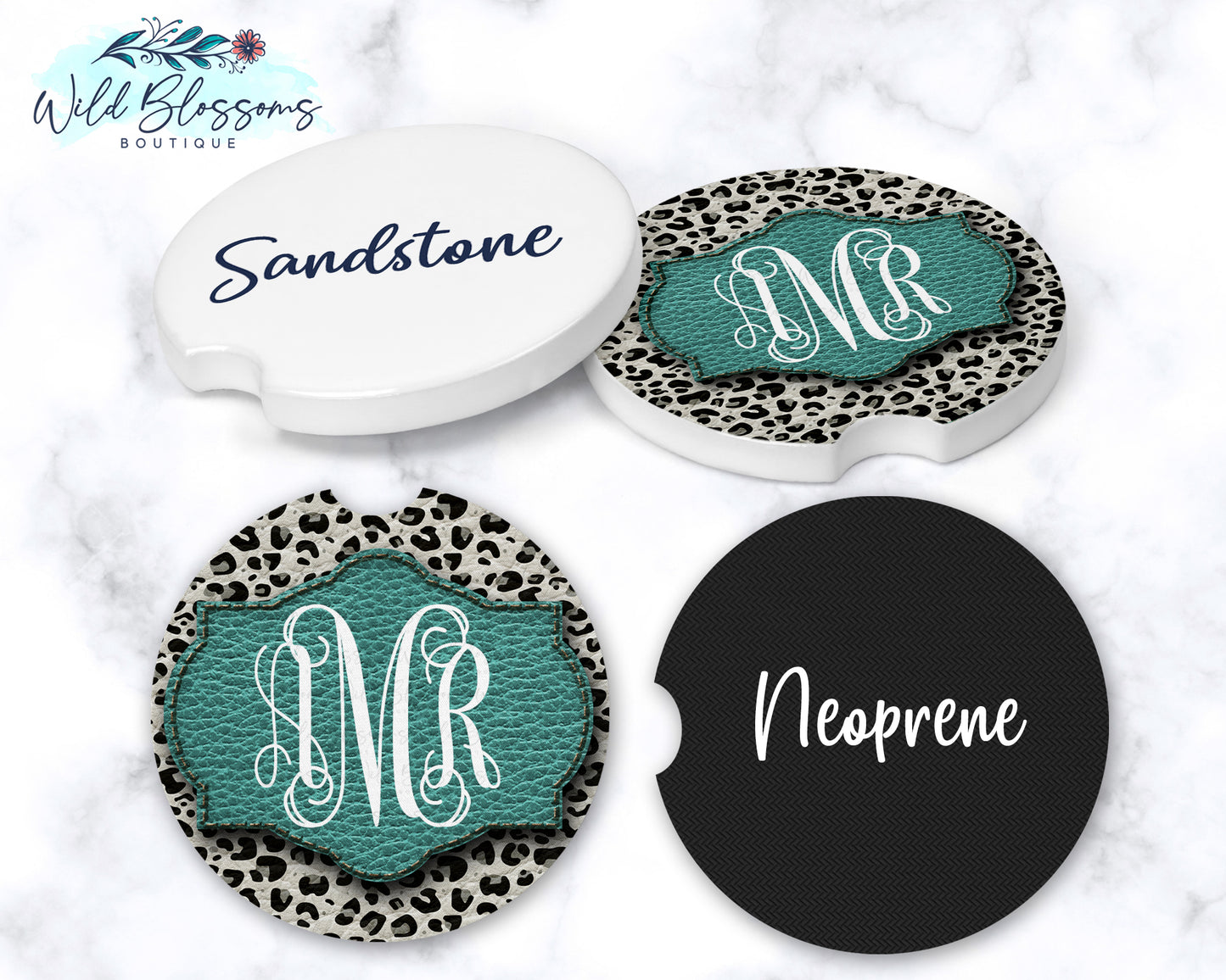 White Leopard Print With Turquoise Personalized Car Coasters