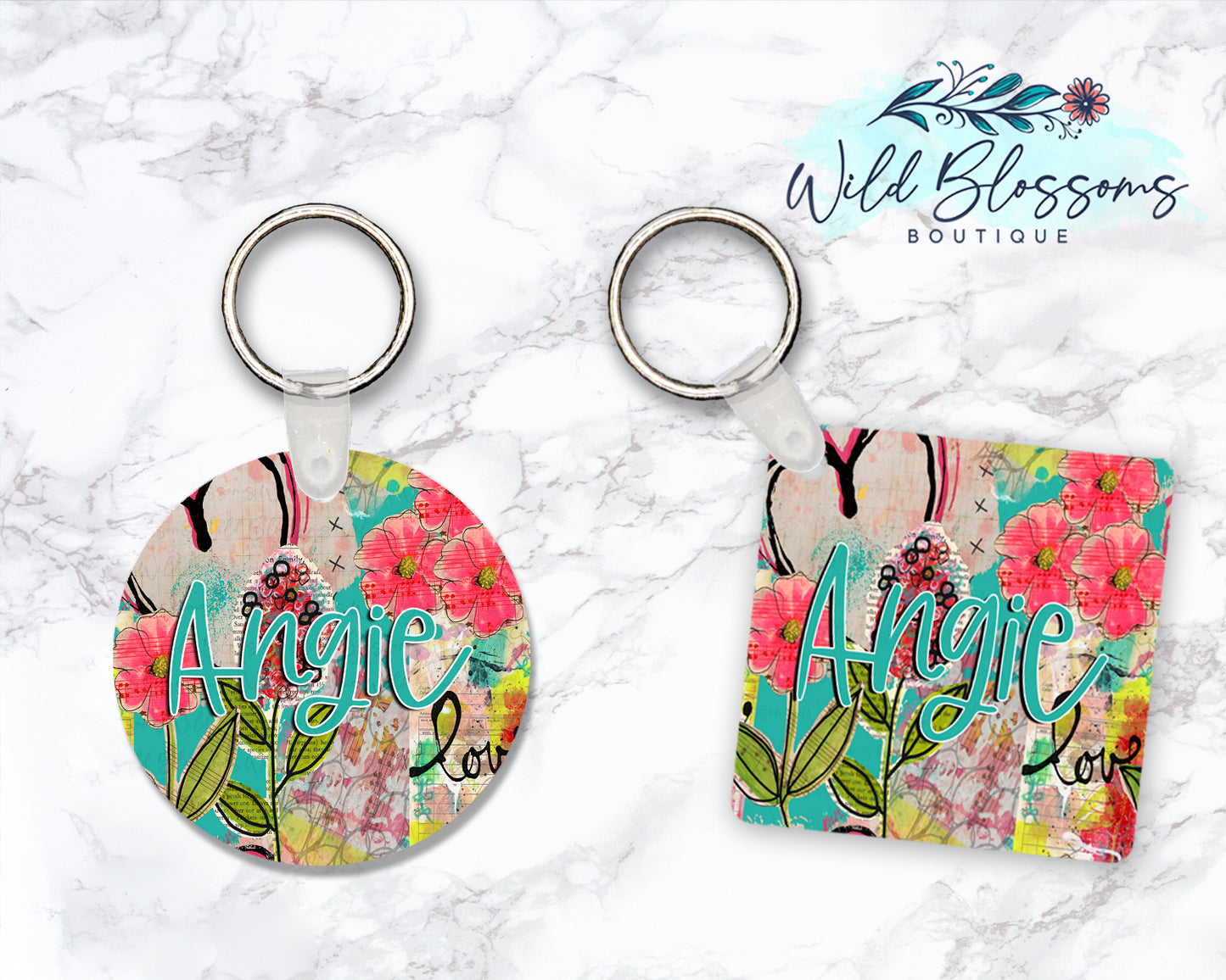 Bright Floral Scrapbook Personalized Round or Square Keychain