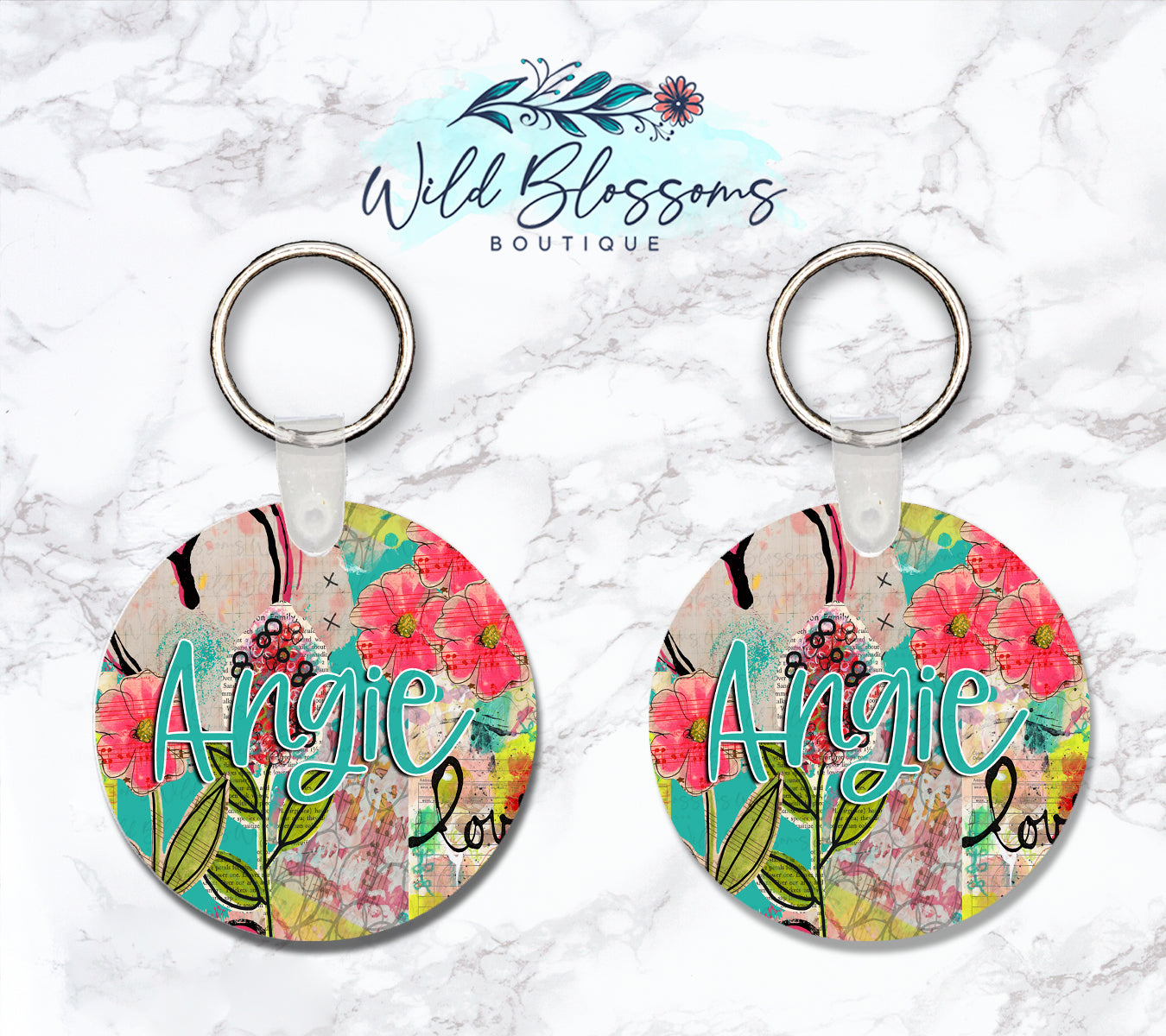 Bright Floral Scrapbook Personalized Round or Square Keychain