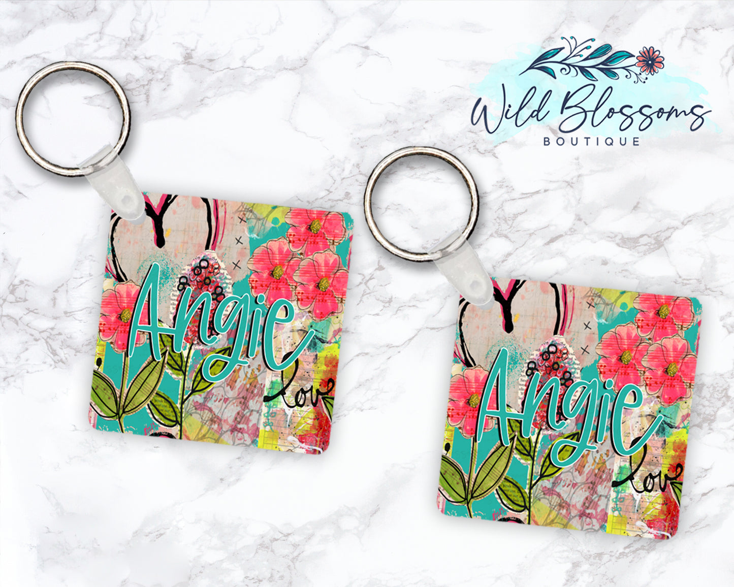 Bright Floral Scrapbook Personalized Round or Square Keychain
