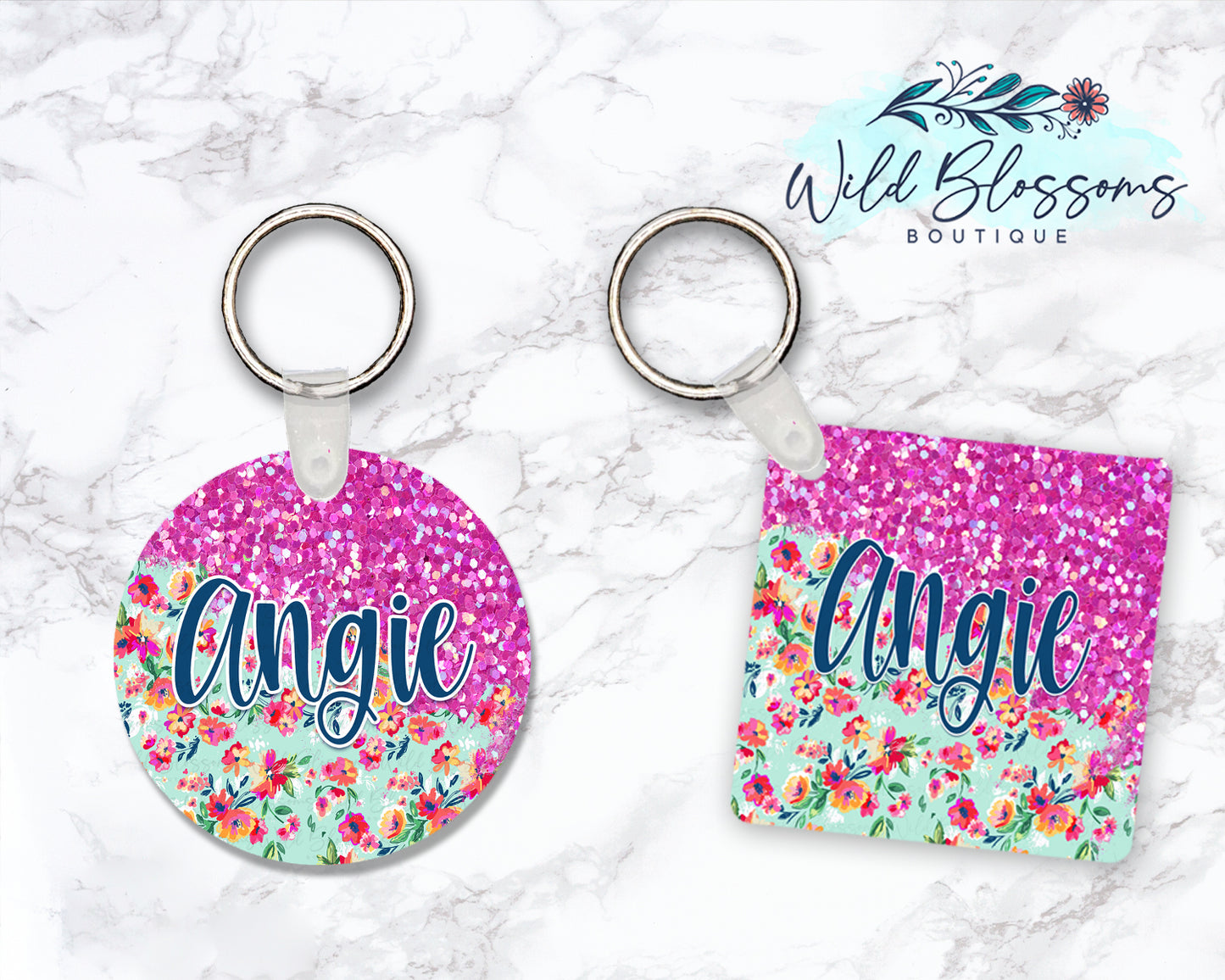 Bright Pink Floral Glitter Look Personalized Round or Square Keychain