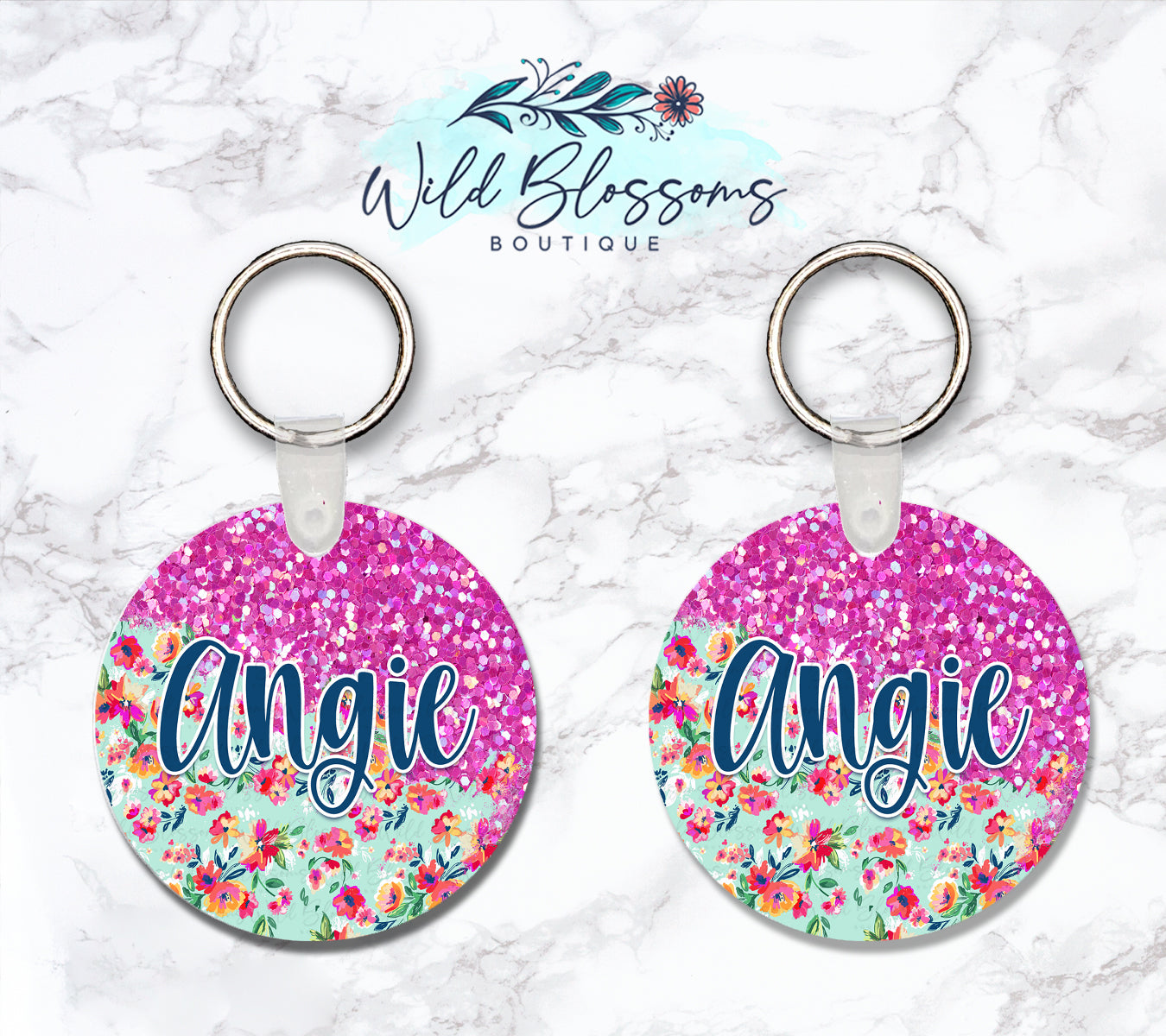 Bright Pink Floral Glitter Look Personalized Round or Square Keychain