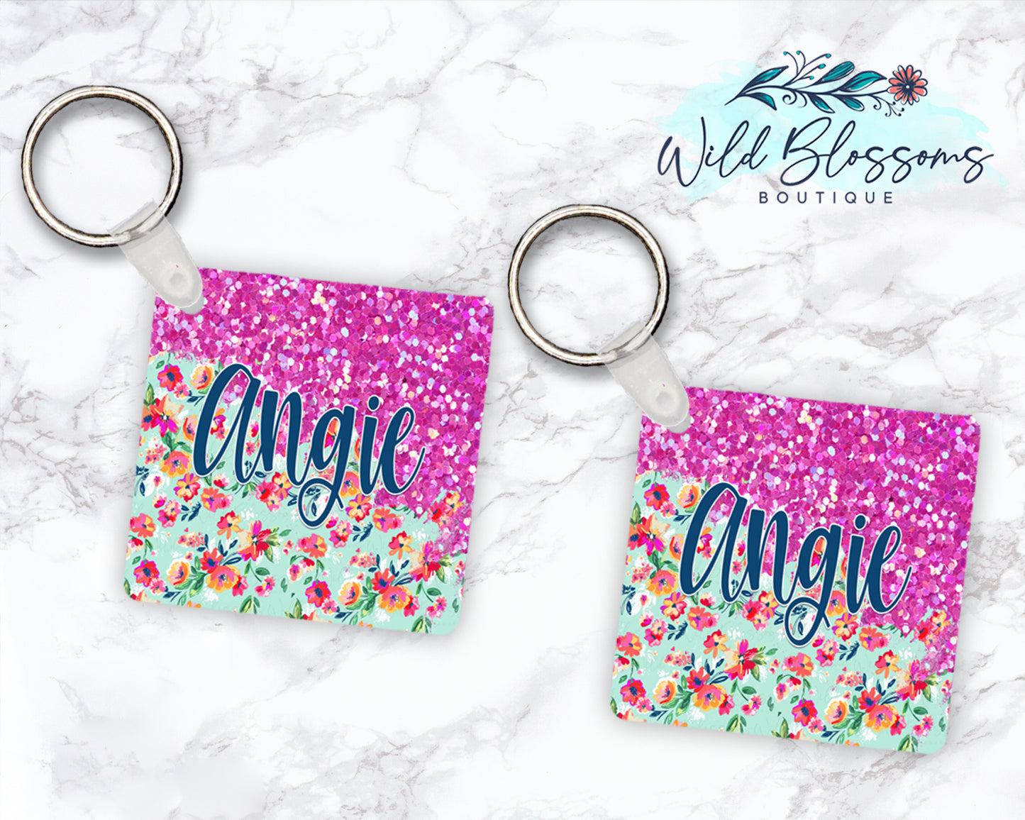 Bright Pink Floral Glitter Look Personalized Round or Square Keychain