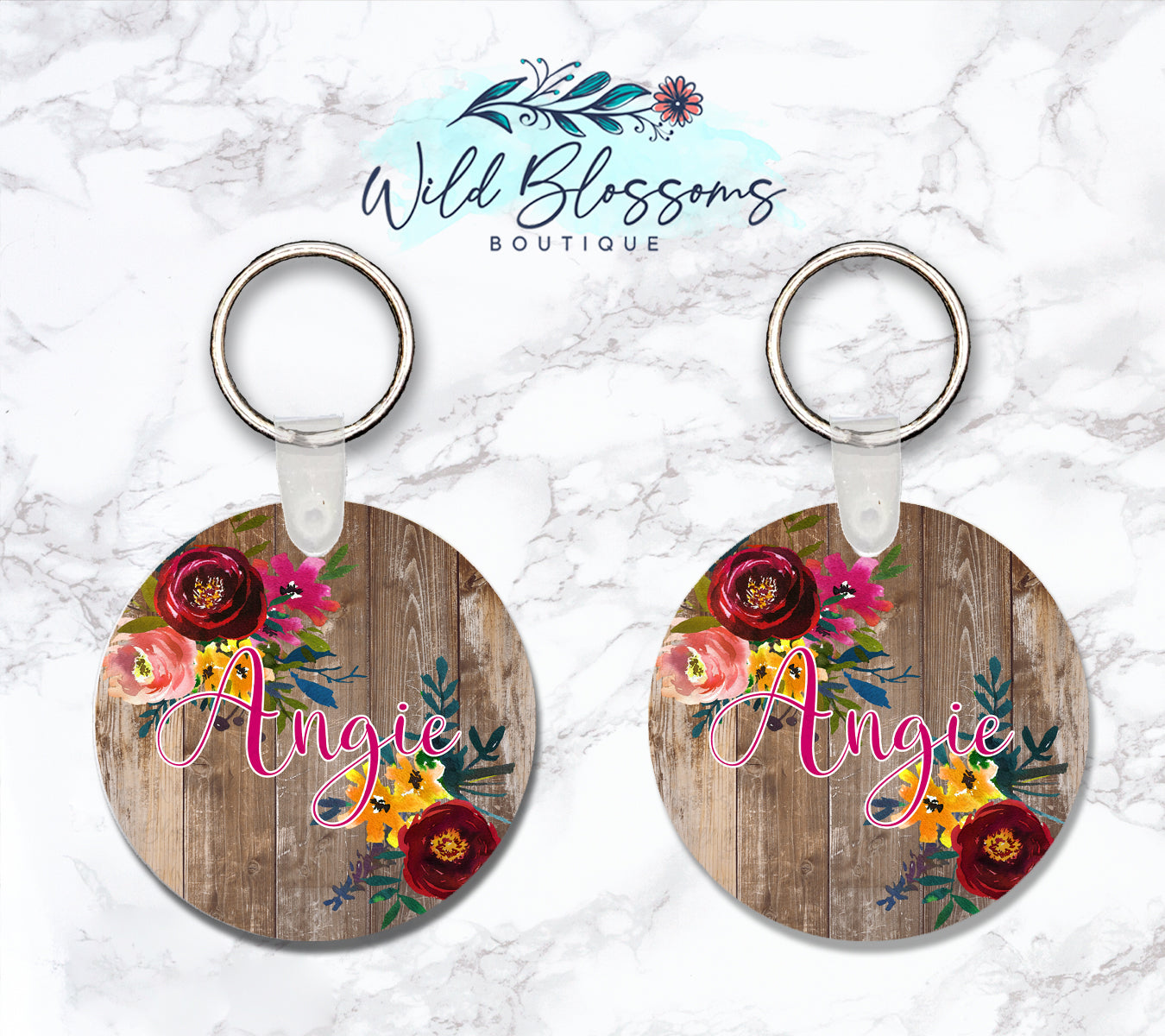 Brown Wooden Floral Personalized Round or Square Keychain
