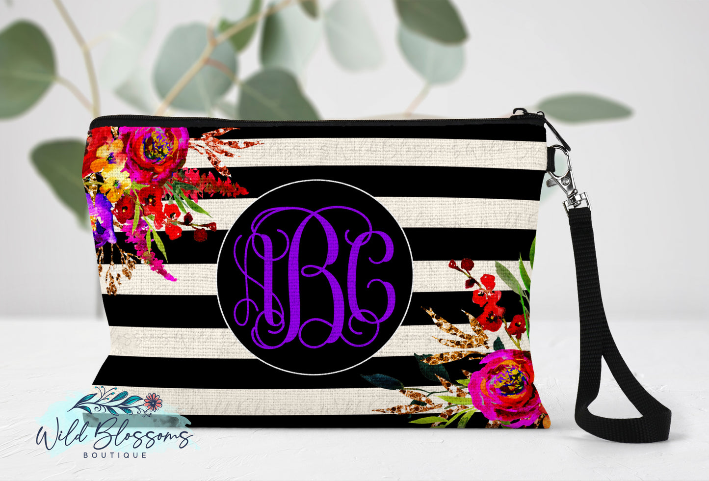 Black and White Striped Bright Floral Monogram Linen Bag