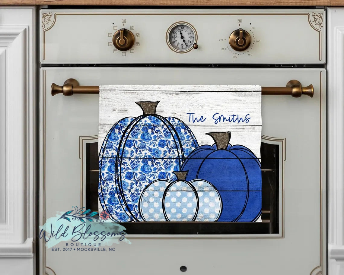 Blue Floral Pumpkin Trio Fall Personalized Kitchen Towel