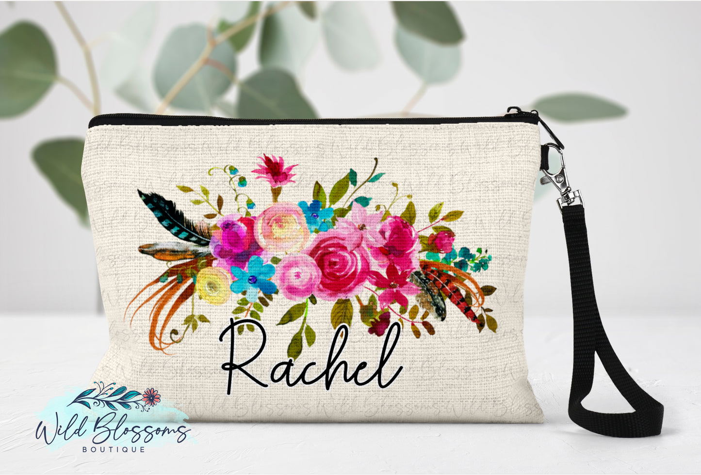 Boho Bright Floral Personalized Linen Bag