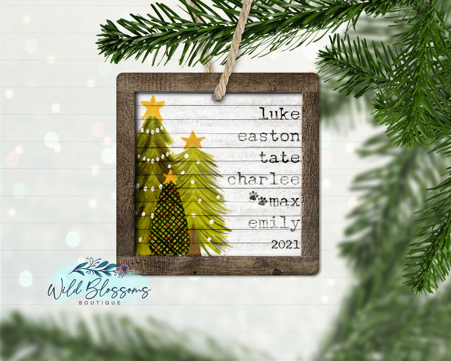 Farmhouse Family Name Christmas Tree Trio Ornament