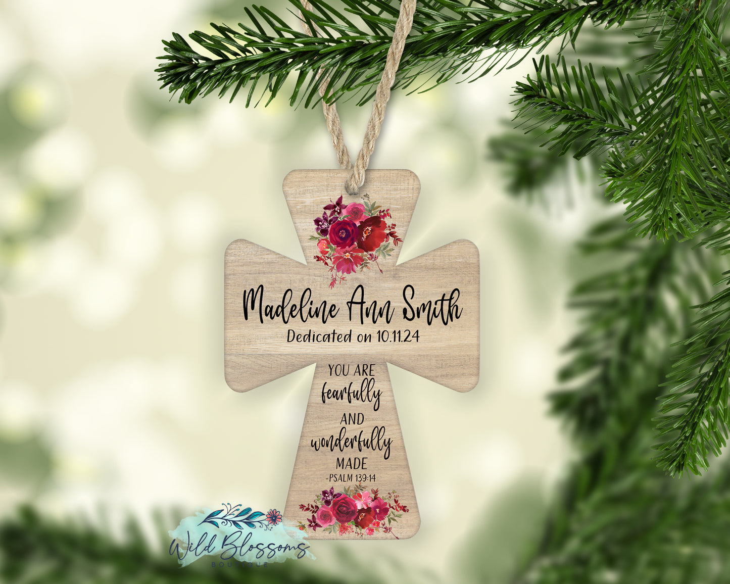 Fearfully and Wonderfully Made Wooden Cross Christmas Personalized Ornament