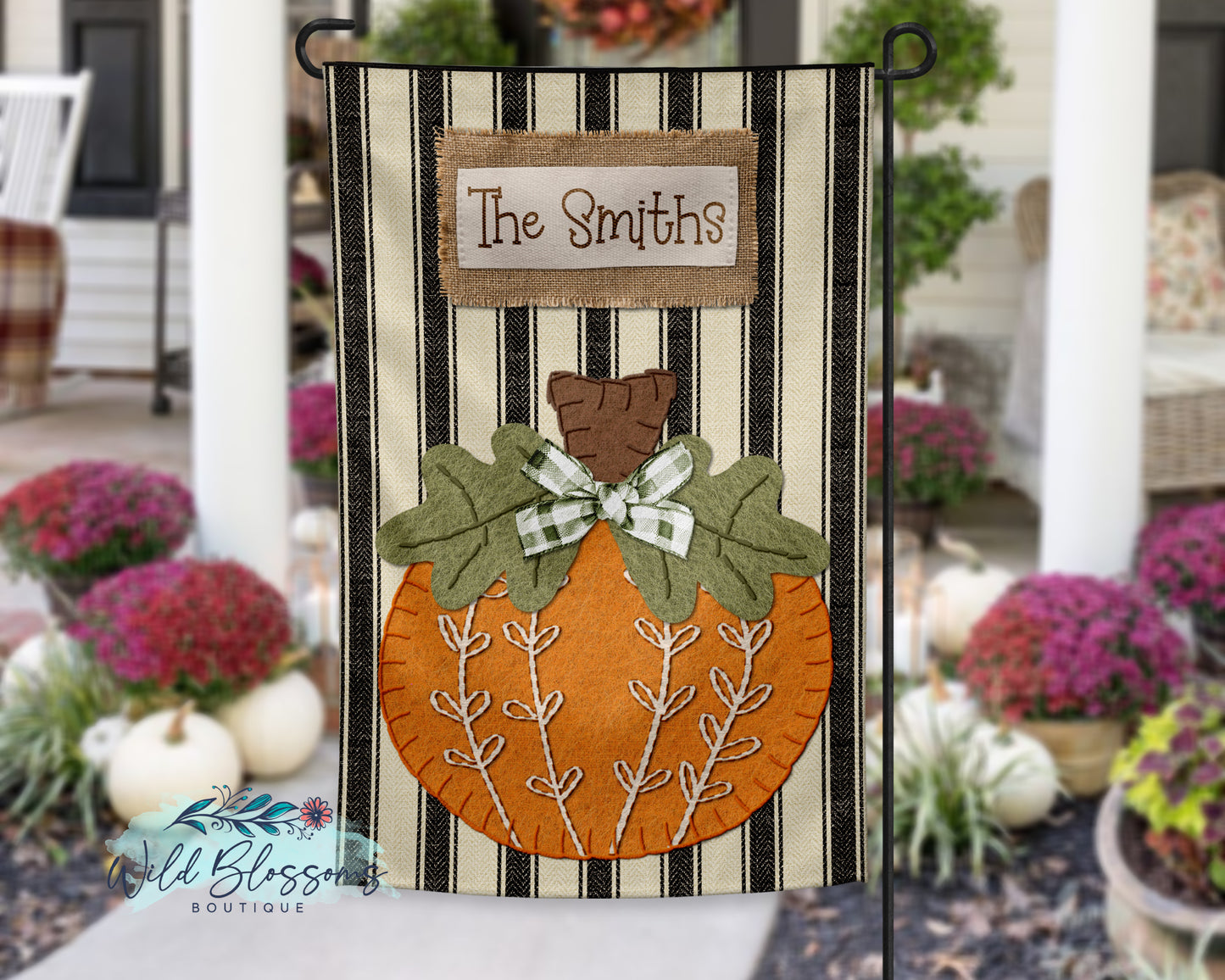 Felt Pumpkin Ticking Fabric Fall Personalized Garden Flag
