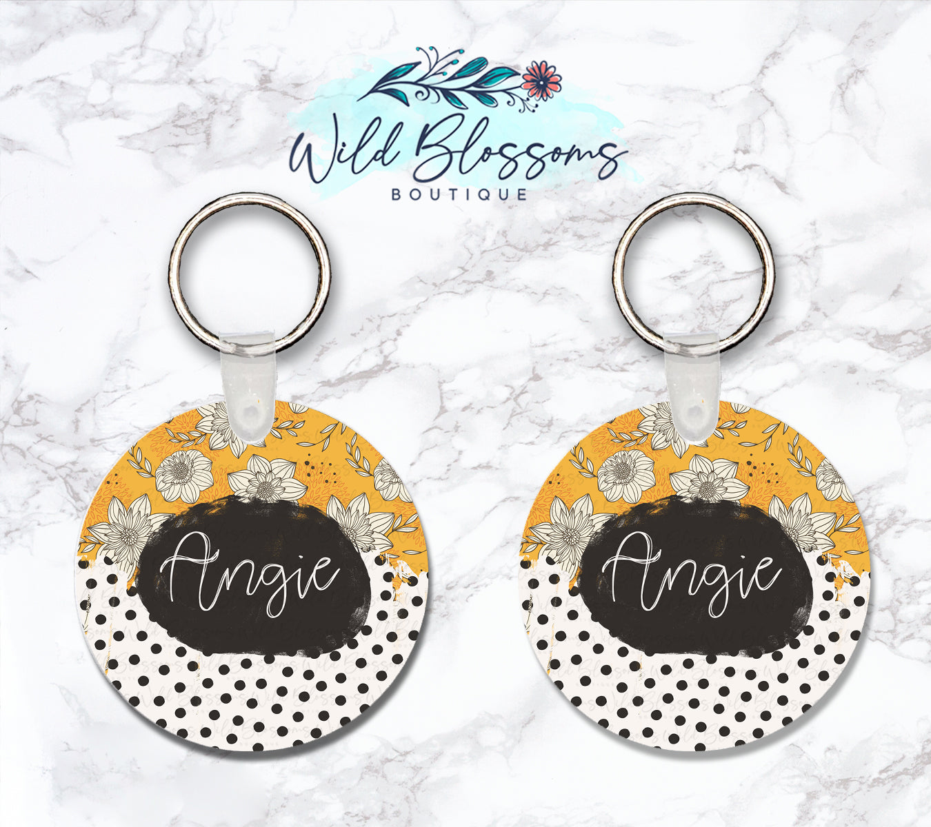 Floral Mustard and Polka Dot Personalized Round or Square Keychain