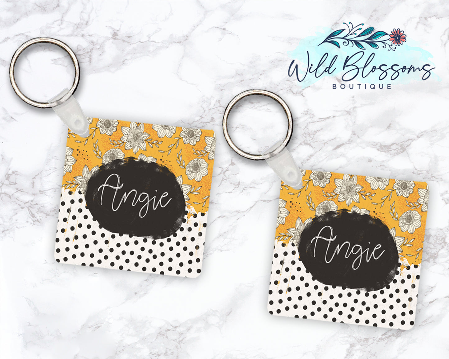 Floral Mustard and Polka Dot Personalized Round or Square Keychain
